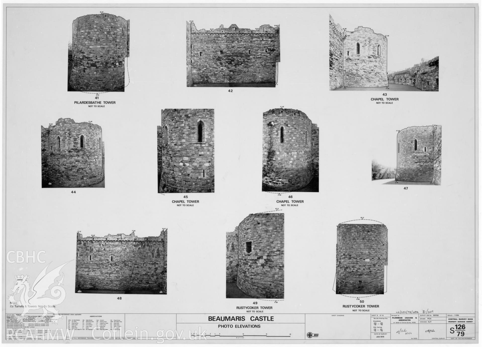 Digital copy of elevations, drawn onto rectified photographs, of Beaumaris Castle, picturing the Plardesbathe Tower, the Chapel Tower and the Rustycoker Tower. Reproduction on drawing film, scale 1:100. Carried out on behalf of the Department of the Environment.