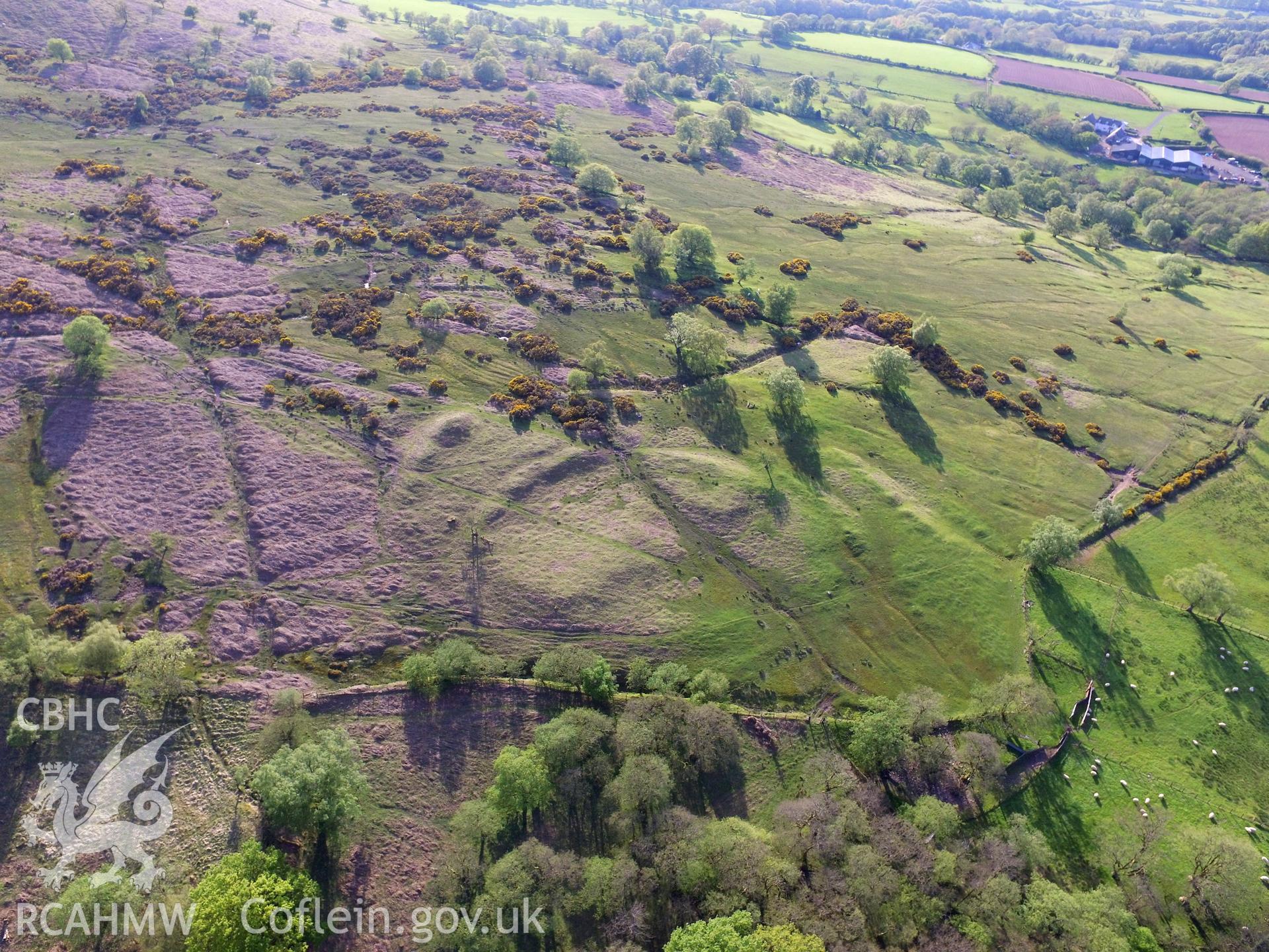 Colour photo showing aerial view of Nant Cwm Llwch enclosure (Llwyn Bedw settlement), taken by Paul R. Davis, 17th May 2018.