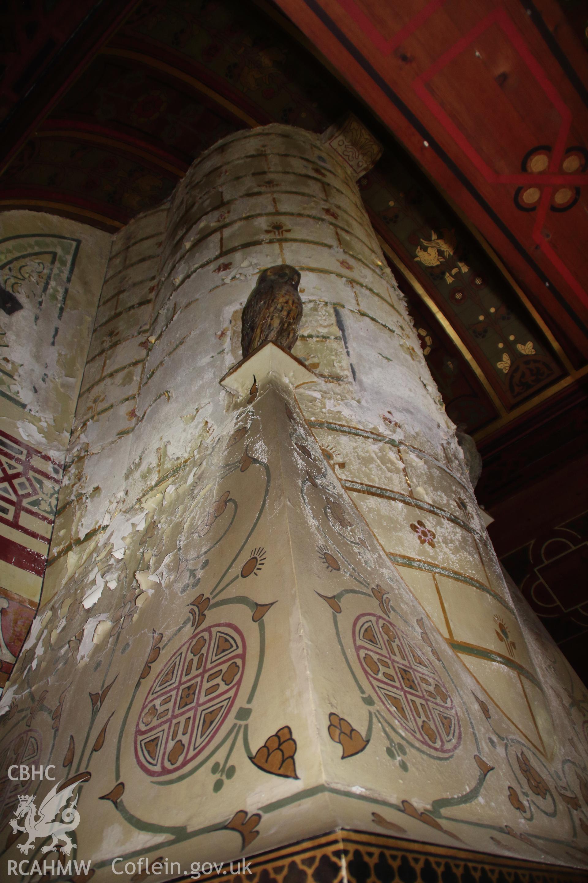 Highly decorative wall in Lady Bute's bedroom at Castell Coch, 1st April 2019. From "Castell Coch, Tongwynlais. Archaeological Building Investigation & Recording & Watching Brief" by Richard Scott Jones, Heritage Recording Services Wales. Report No 202.