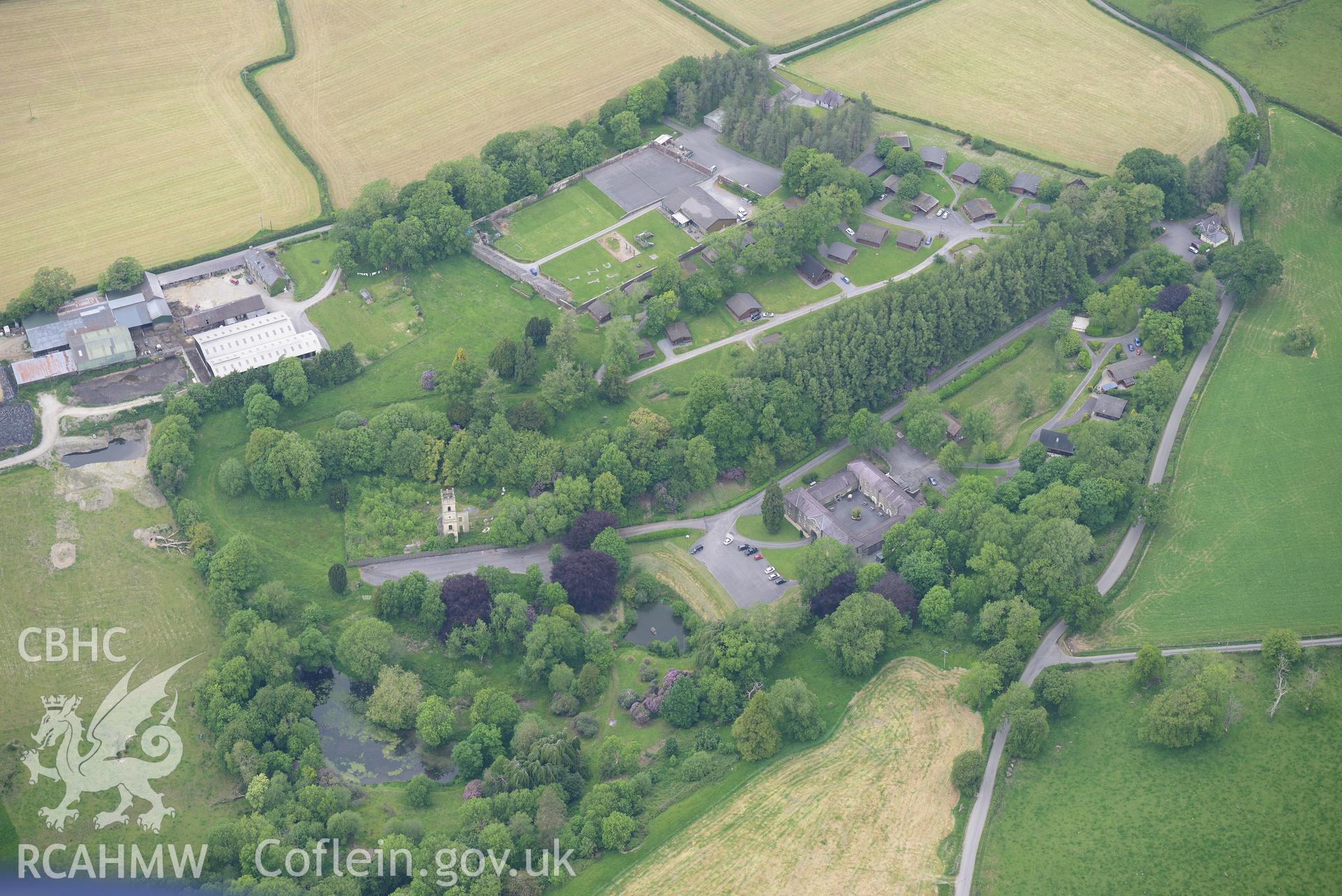 Pantglas Hall, stable block, laundry block, garden and home farm, near Llandeilo. Oblique aerial photograph taken during the Royal Commission's programme of archaeological aerial reconnaissance by Toby Driver on 11th June 2015.