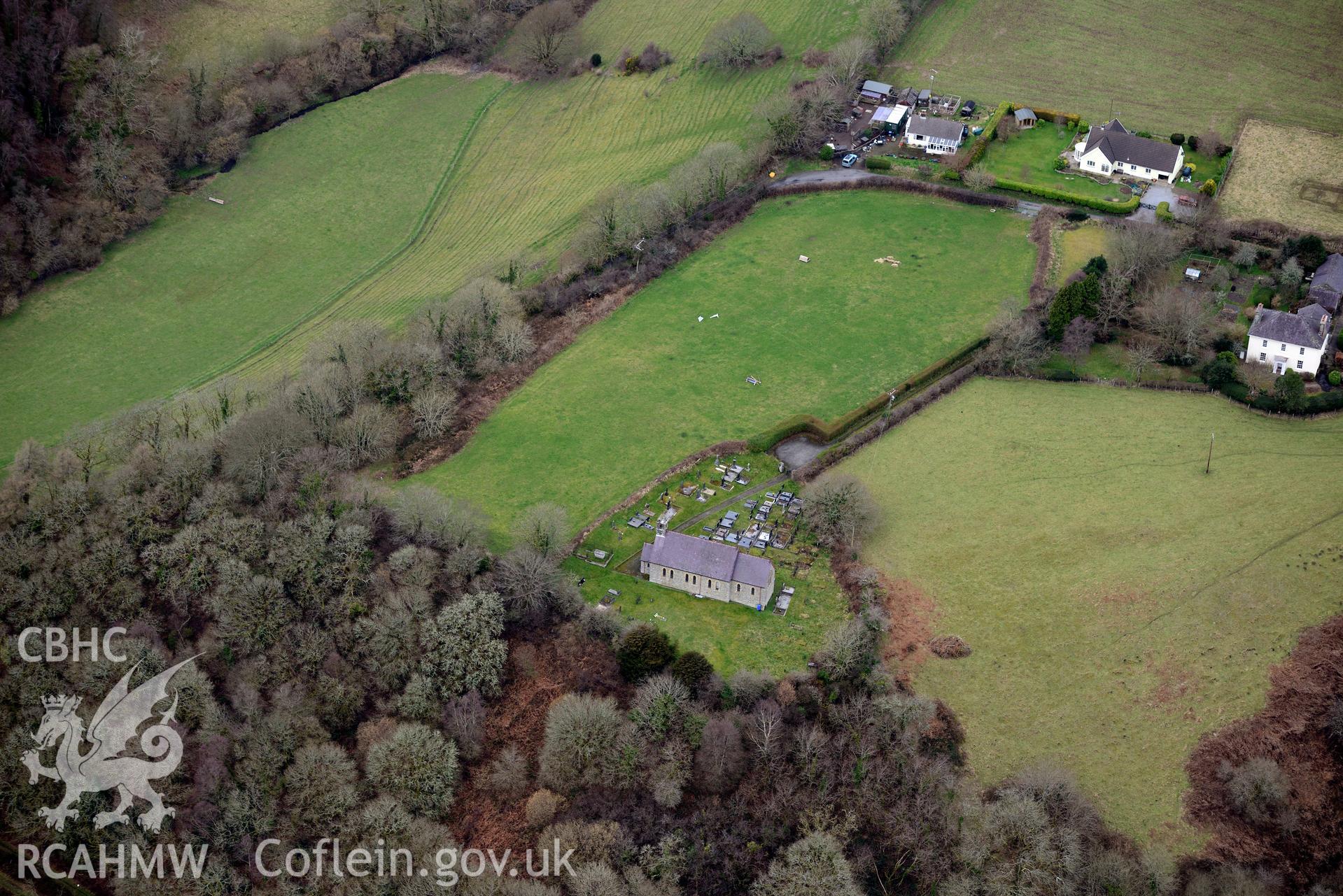 St. David's church, Bangor Teifi, near Llangeler, Llandysul. Oblique aerial photograph taken during the Royal Commission's programme of archaeological aerial reconnaissance by Toby Driver on 13th March 2015.