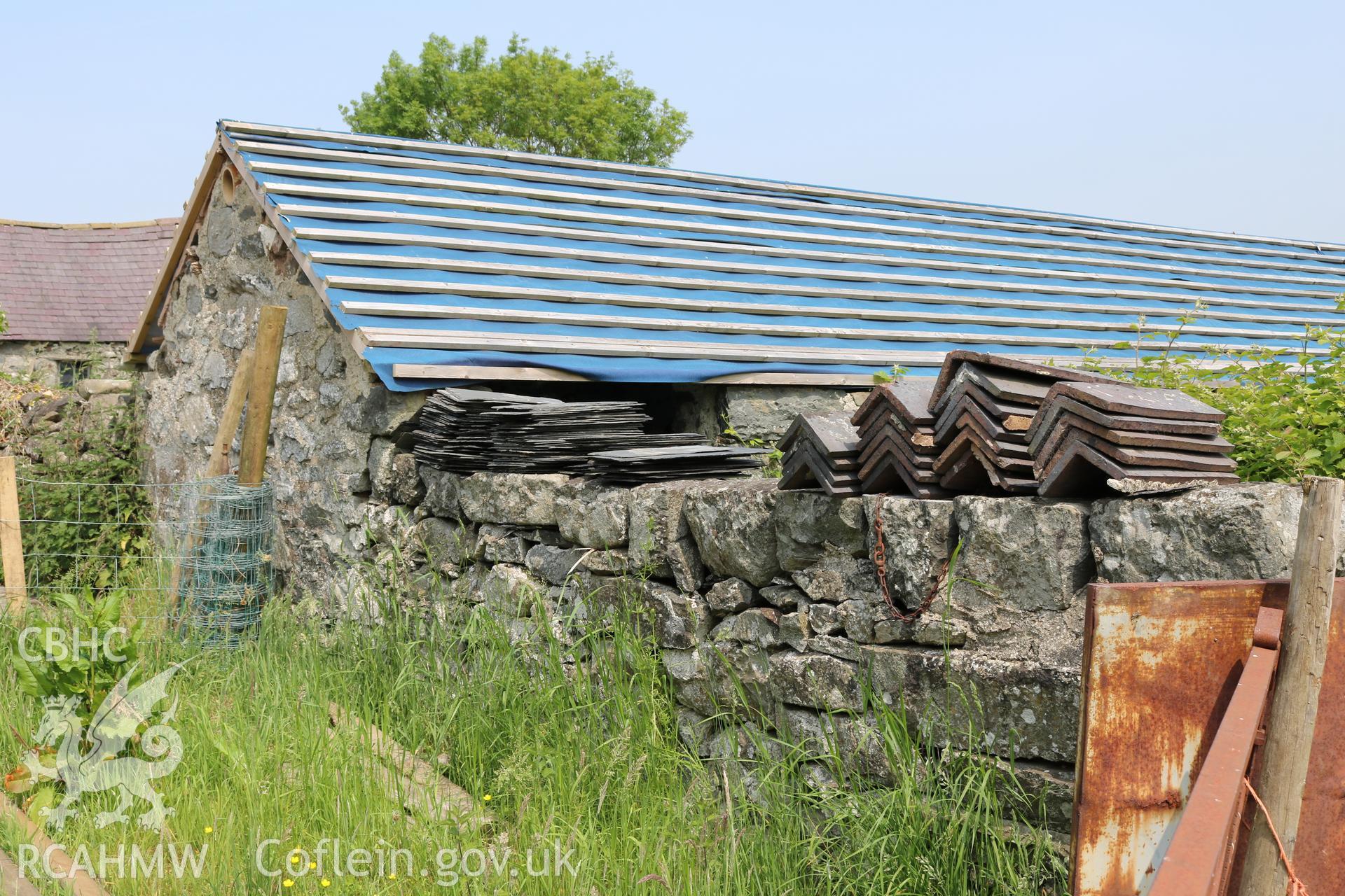 Photograph showing exterior view of pigsties, at Maes yr Hendre, taken by Dr Marian Gwyn, 6th July 2016. (Original Reference no. 0209)