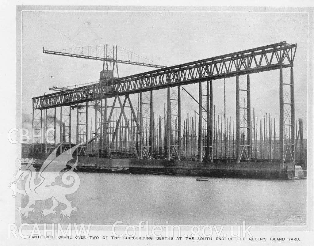 'Cantilever crane over two of the shipbuilding berths at the south end of the Queen's Island yard.' Included amongst material relating to desk based assessment of the MV King Edgar historic wreck site, conducted by Archaeology Wales, 2017.