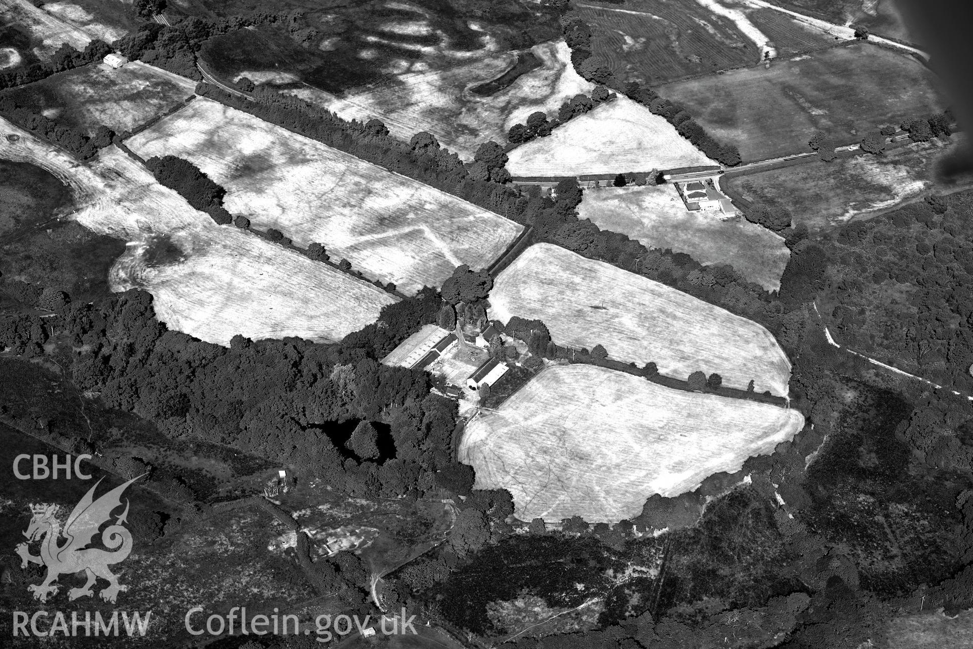 Royal Commission aerial photography of Llanio Roman fort and environs taken on 19th July 2018 during the 2018 drought.