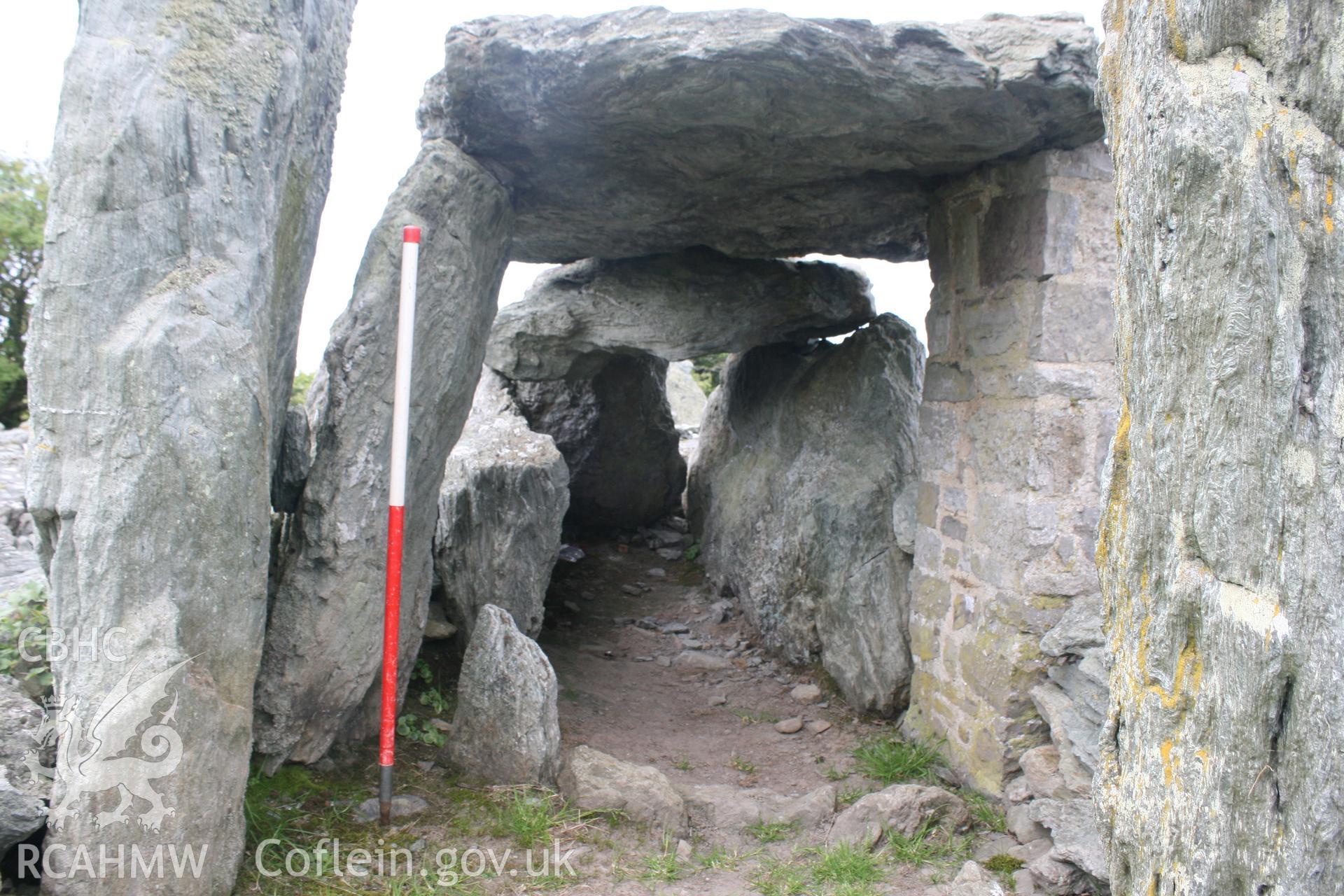 Detail of Trefignath third burial chamber. Looking west. Digital photograph taken as part of archaeological work at Parc Cybi Enterprise Zone, Holyhead, Anglesey, carried out by Archaeology Wales, 2017. Project number: P2522.