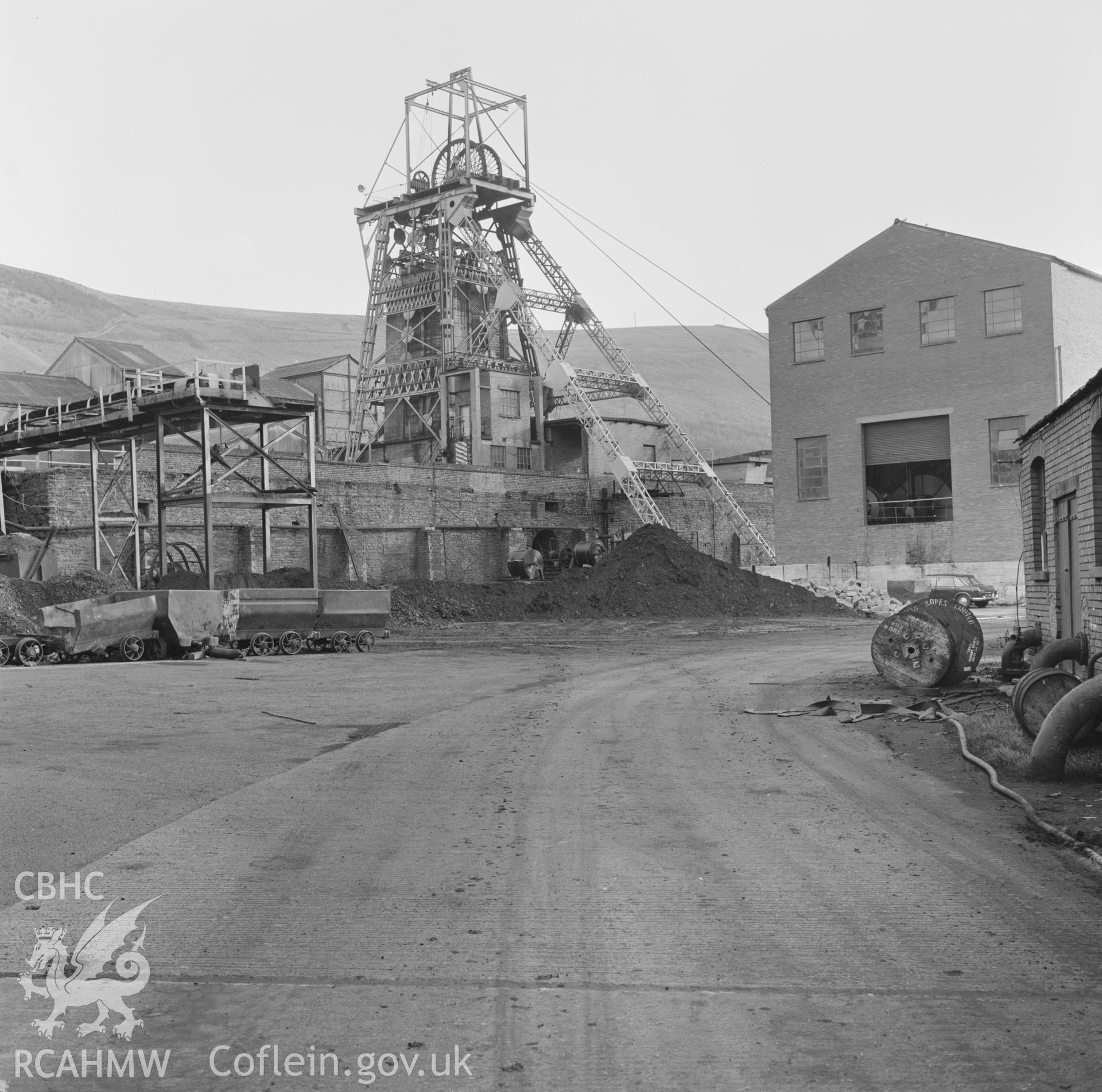 Digital copy of an acetate negative showing upcast shaft at Taff Colliery, from the John Cornwell Collection.