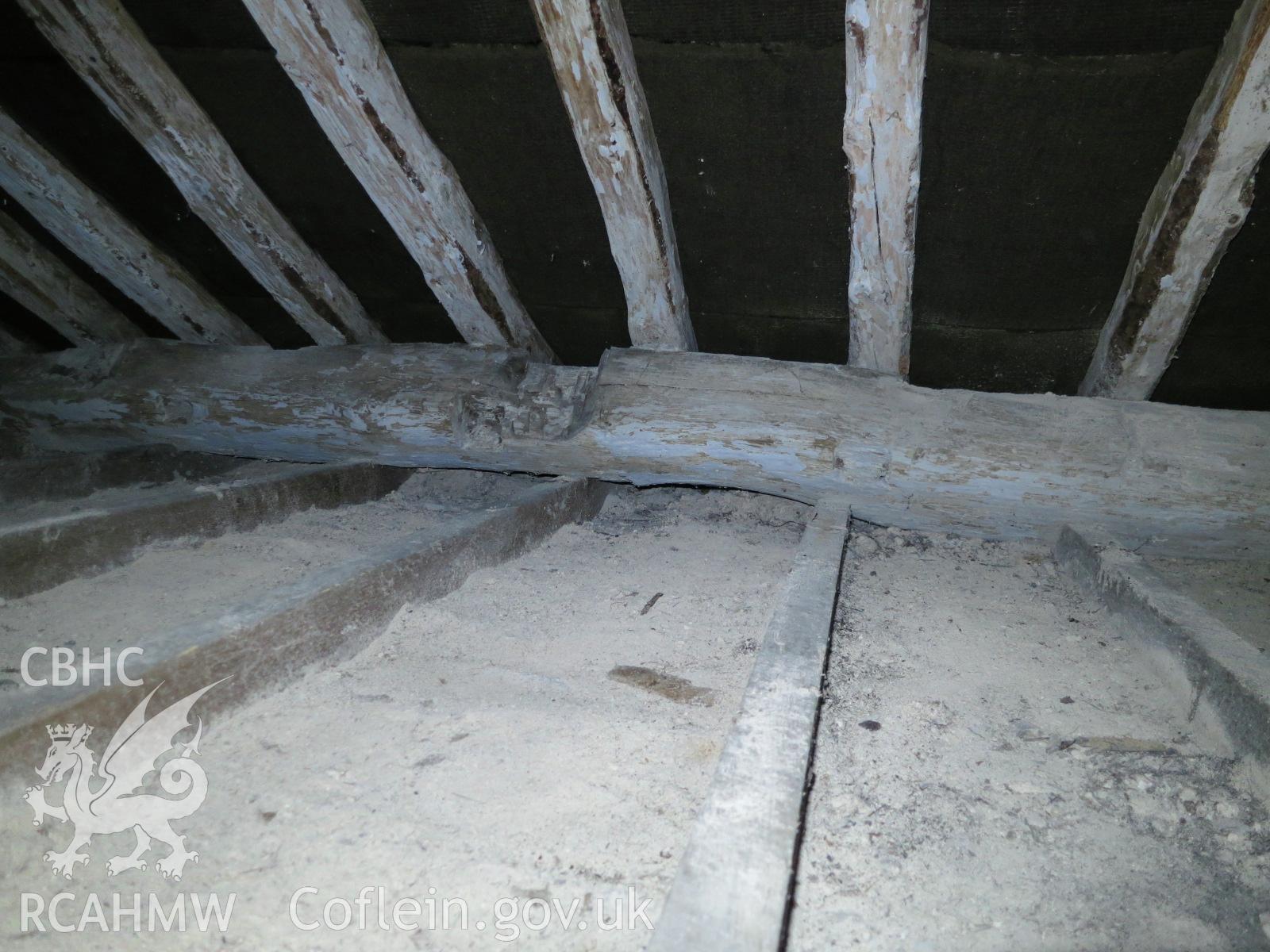 Interior view showing west elevation of attic 1 in the house at Pencerrig Pellaf, Ffordd Uchaf, Harlech. Photographed by Kimberley Urch as part of photographic survey for planning application (ref. no. NP5/61/LB446A Snowdonia National Park Authority).
