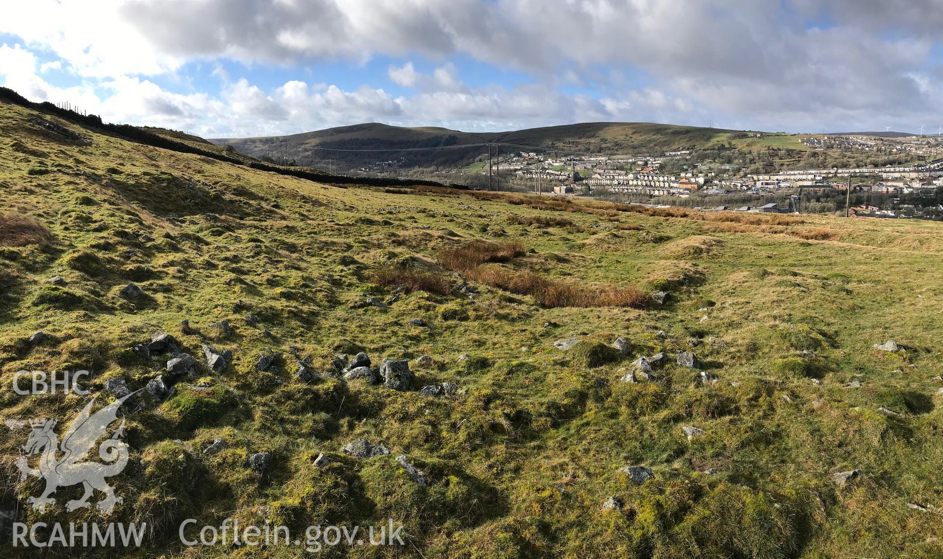 Colour photograph of long huts at Bwlch y Garn, Ebbw Vale, taken by Paul R. Davis on 17th March 2019.