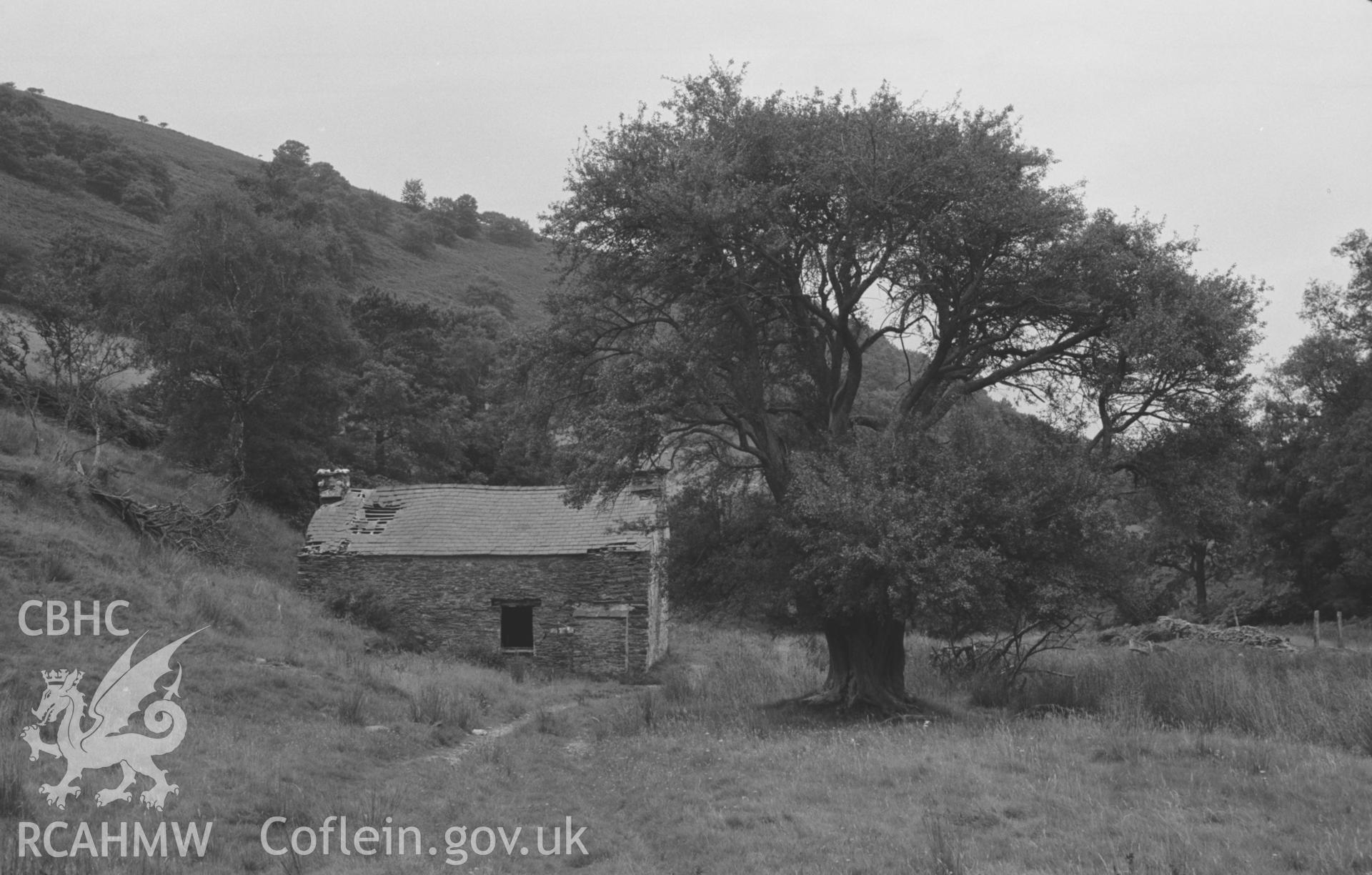 Digital copy of a black and white negative showing Cwm-rhaiadr-fach in the Llyfnant Valley, south of Machynlleth. Photographed by Arthur O. Chater in September 1966 looking north north west down Cwm Rhaiadr from Grid Reference SN 753 959.