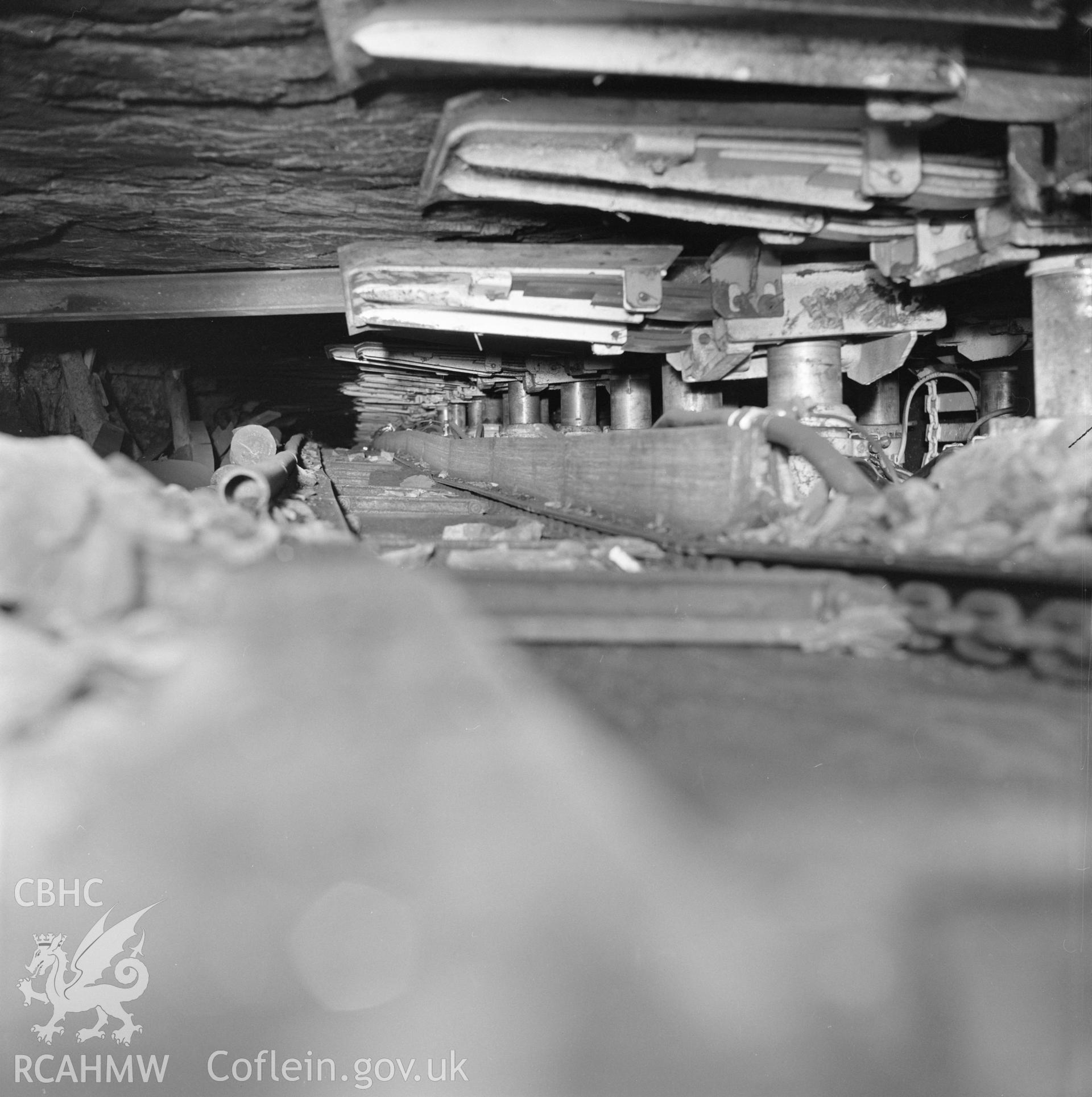 Digital copy of an acetate negative showing Blaenserchan Colliery - Coal face with Dowty chocks, from the John Cornwell Collection.