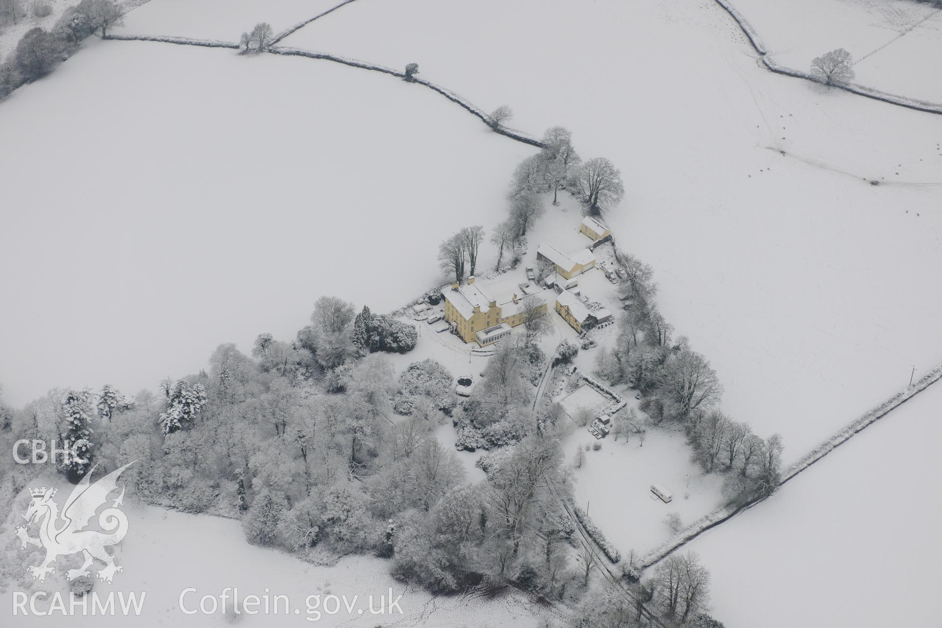 Upland mansion, stable block and garden, Llandyfaelog, south of Carmarthen. Oblique aerial photograph taken during the Royal Commission?s programme of archaeological aerial reconnaissance by Toby Driver on 24th January 2013.