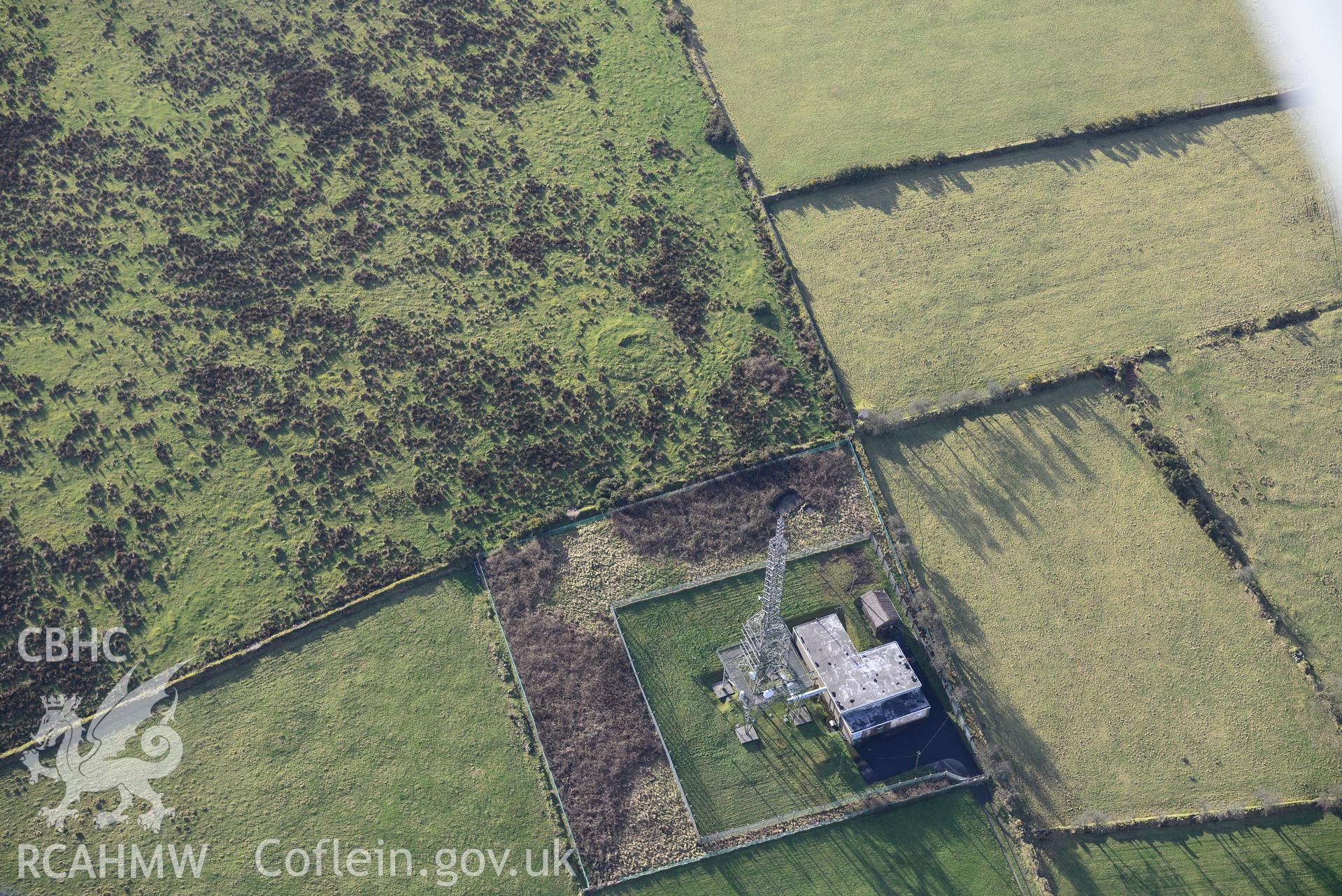 Crug-y-Rhyd-Hir, Llanllawddog. Oblique aerial photograph taken during the Royal Commission's programme of archaeological aerial reconnaissance by Toby Driver on 6th January 2015.