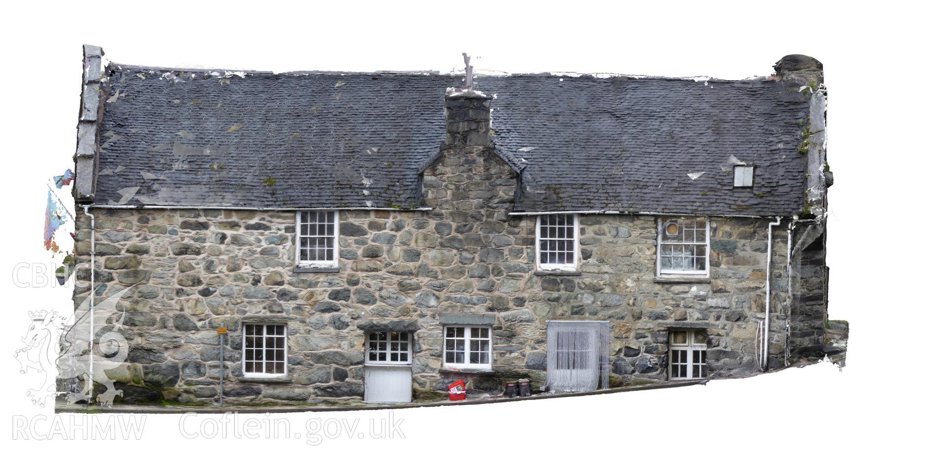 Photogrammic elecvation showing side of Y Sospan, Llys Owain, Dolgellau, looking south west at the building from Barclays bank. Produced by I. P. Brooks of the Engineering Archaeological Services Ltd in June 2019.