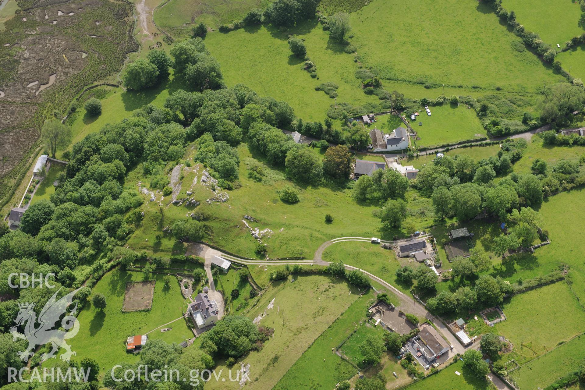 Landimor Castle (also known as Bovehill Castle) and Bovehill Castle cottage. Oblique aerial photograph taken during the Royal Commission's programme of archaeological aerial reconnaissance by Toby Driver on 19th June 2015.