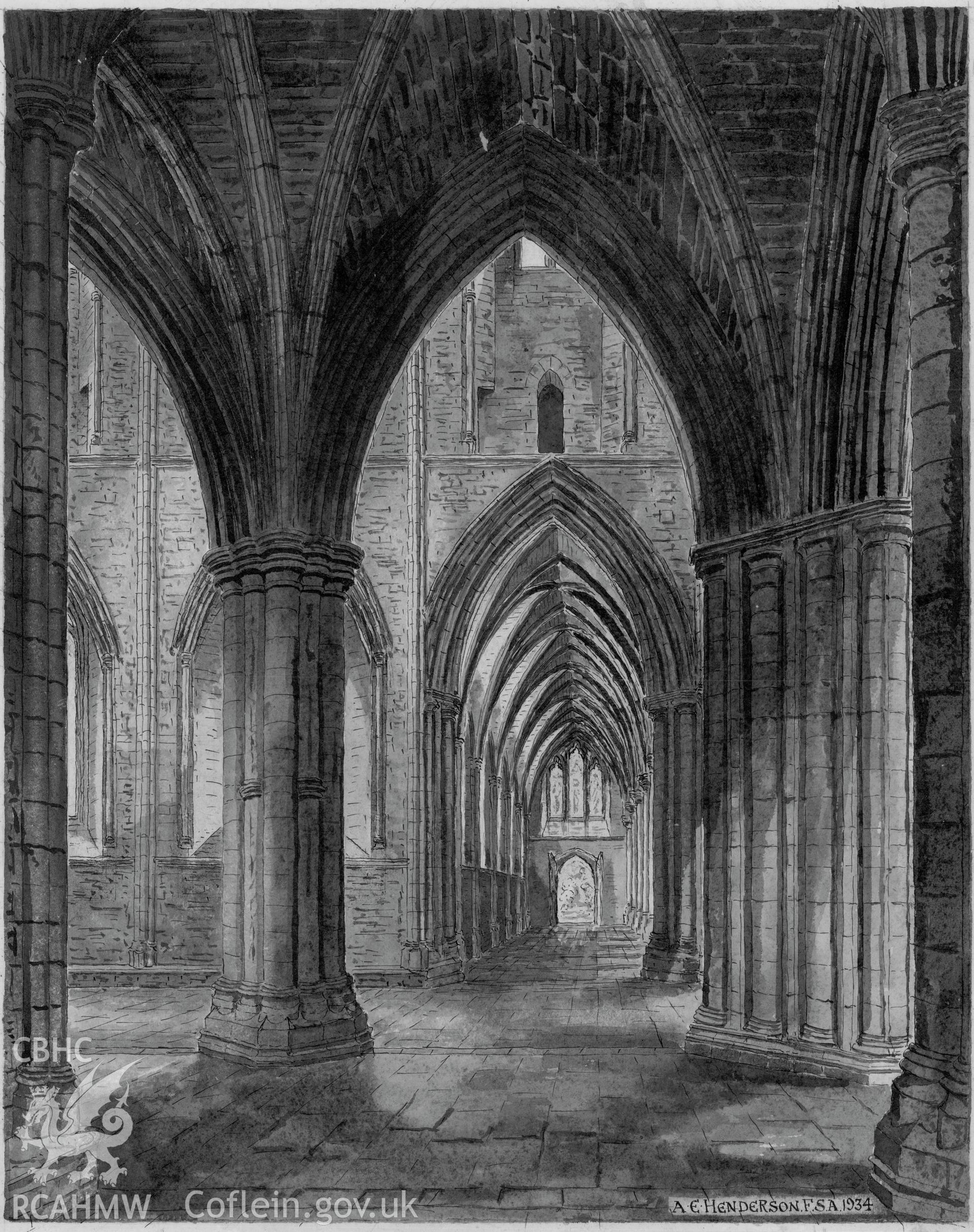 Conjectural reconstruction drawing of 'Tintern Abbey as Erected: The South Aisle and Transept Looking West' produced by Arthur E. Henderson, 1934.