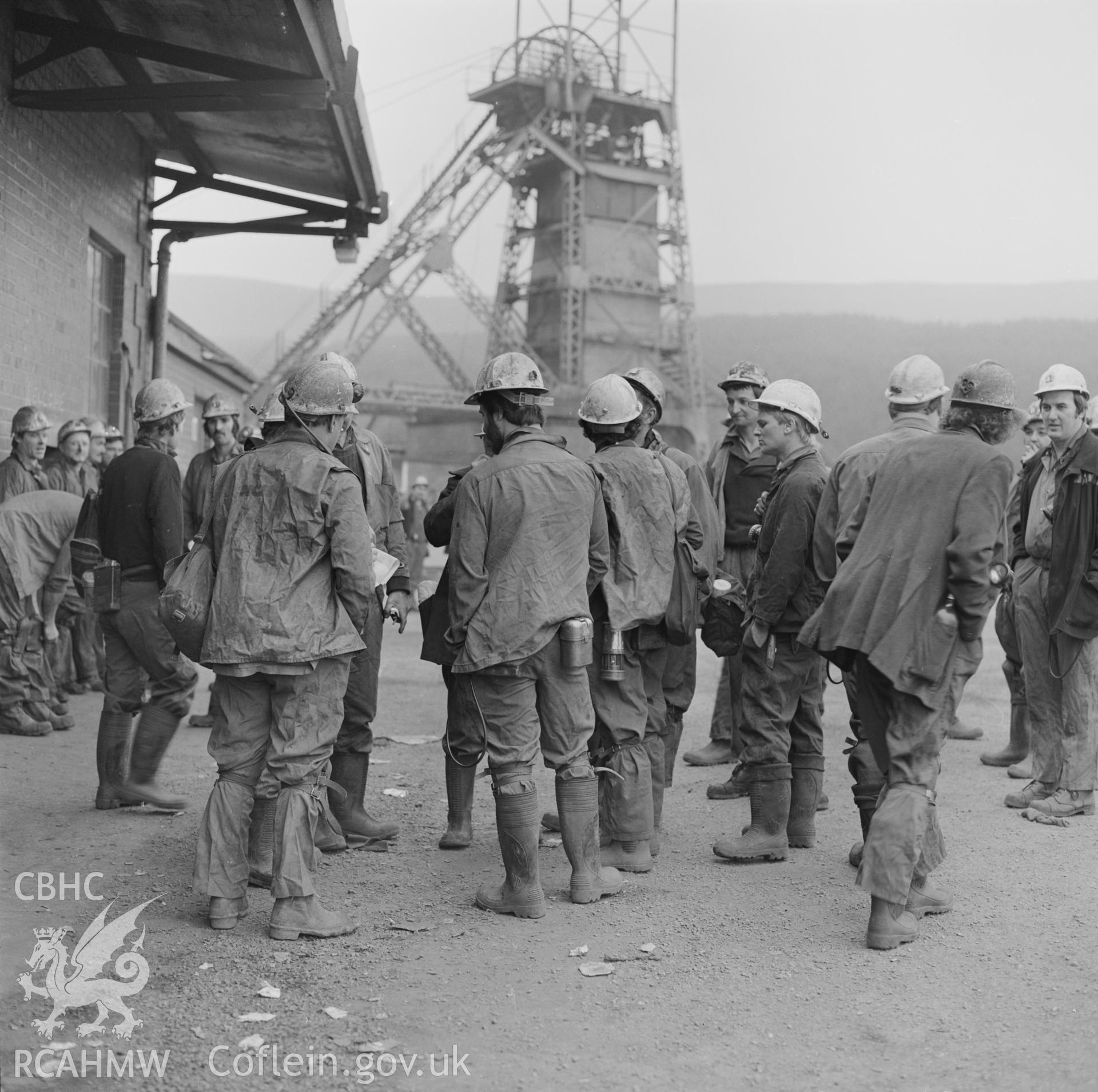 Digital copy of an acetate negative showing afternoon shift at pit head at Tower Colliery from the John Cornwell Collection.