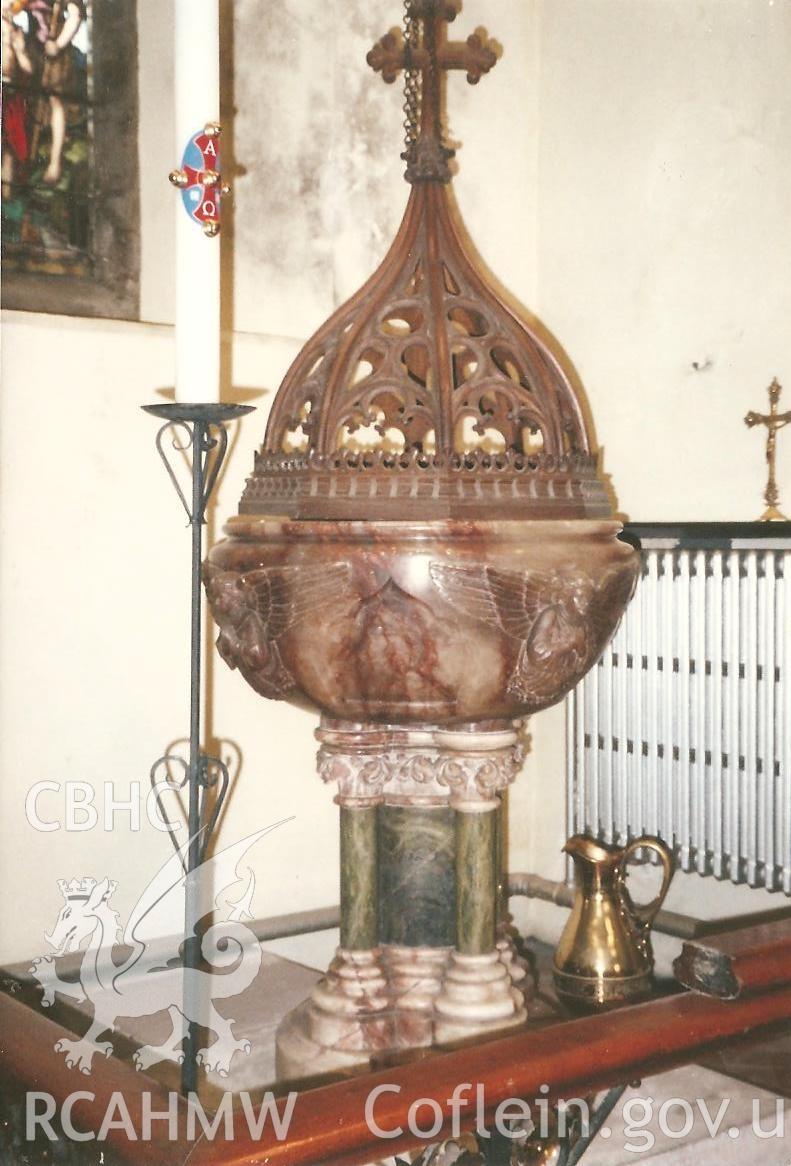 The alabaster font at St Luke's Church, Pontnewynydd, photo from Torfaen Museum donated by Michael Statham.