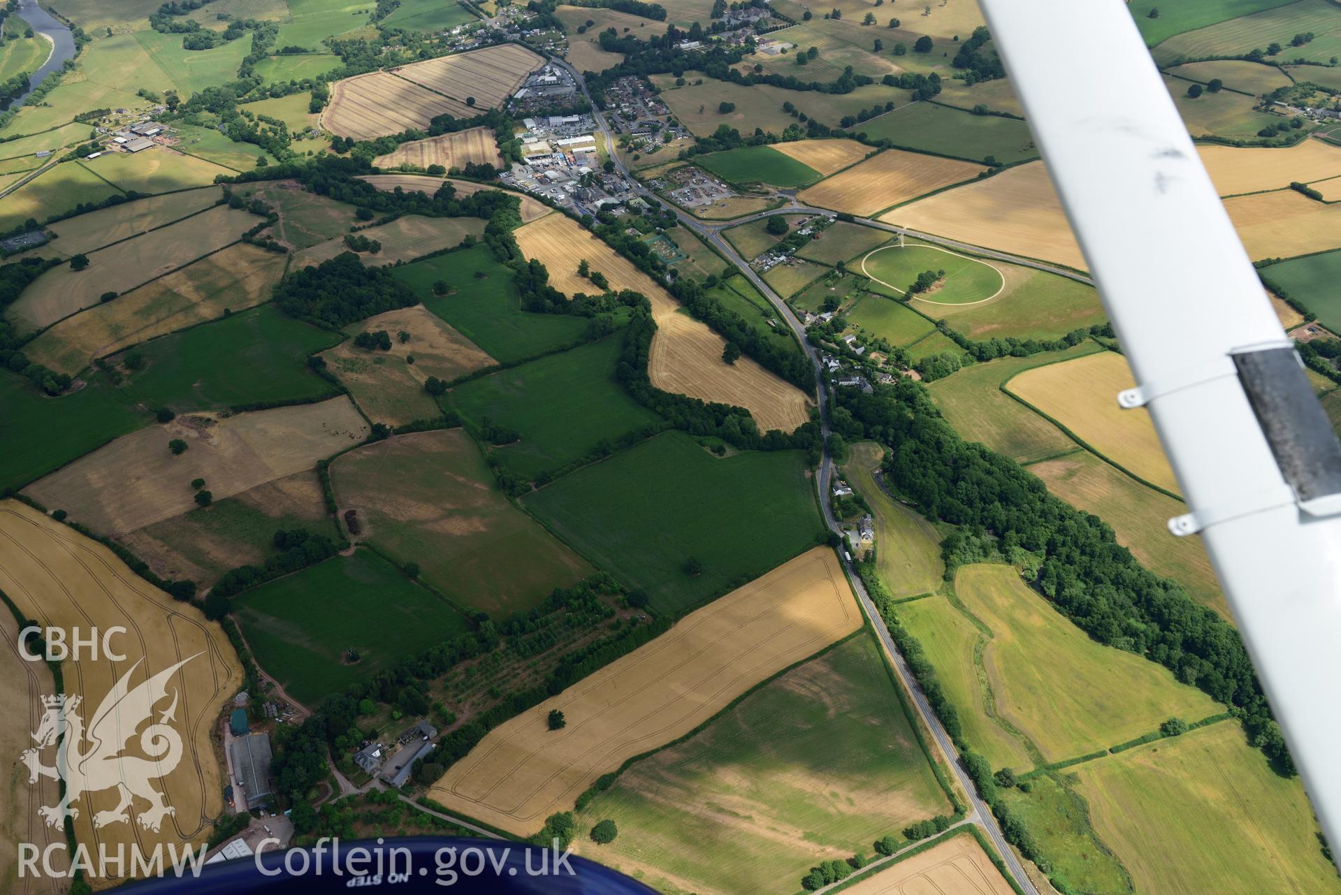 Royal Commission aerial photography of Mynydd Trevithel defended enclosure taken on 19th July 2018 during the 2018 drought.