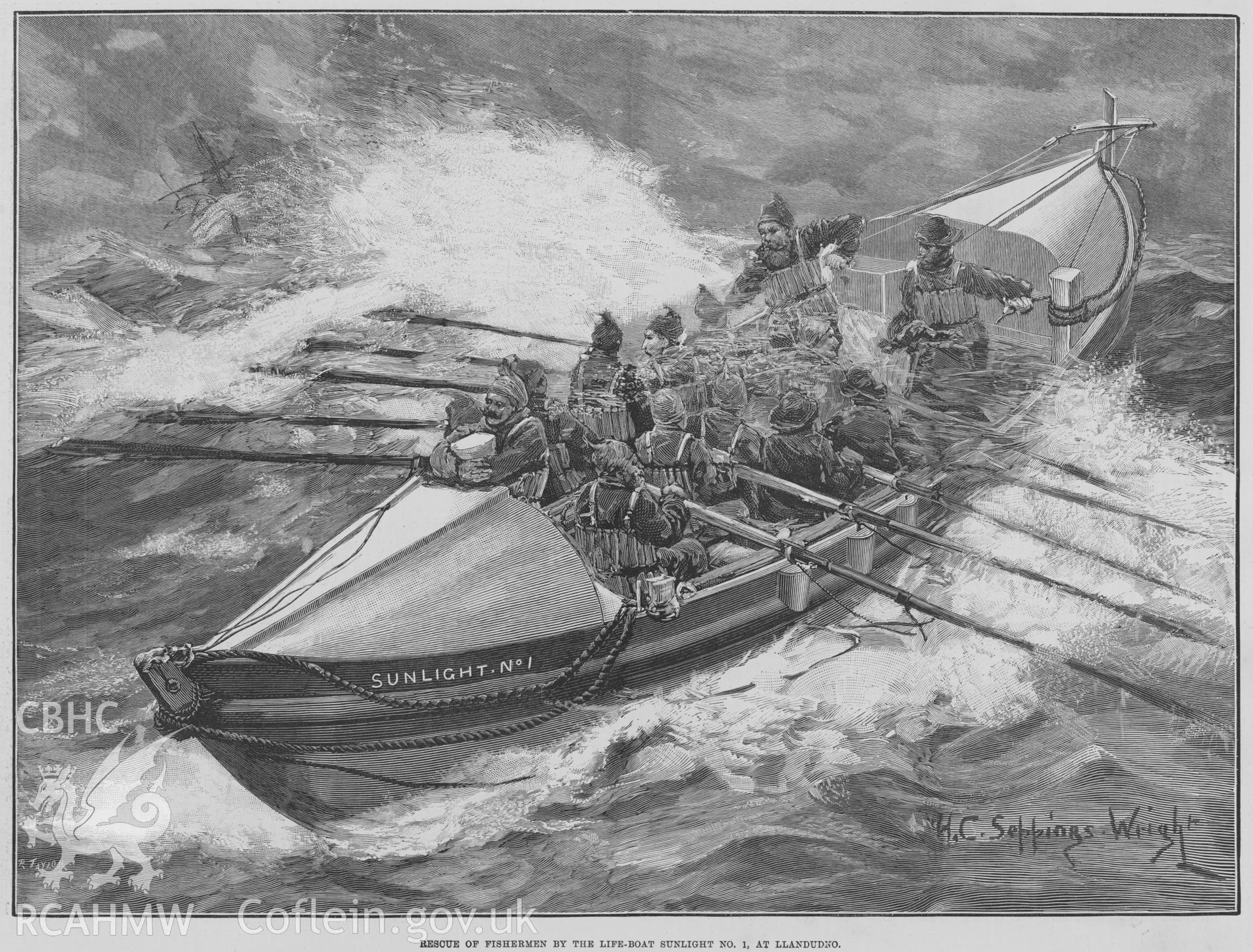 Engraving of the lifeboat 'Sunlight No 1  at Llandudno' 1889 by H C Seppings Wright. ref: Helen Rowe for aquisition.