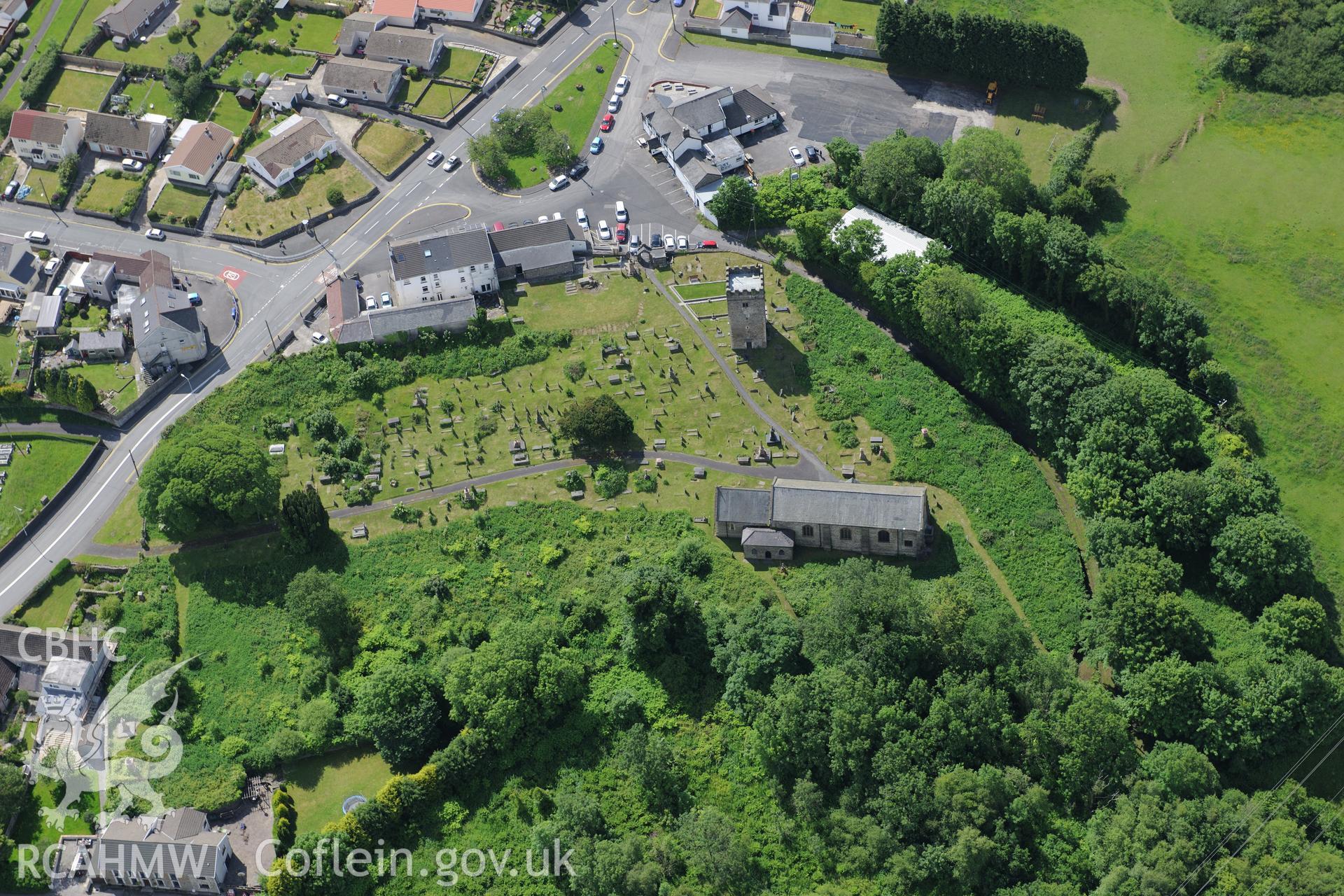 St. David and St. Cyfelach's church, and the church's tower (detached), Llangyfelach. Oblique aerial photograph taken during the Royal Commission's programme of archaeological aerial reconnaissance by Toby Driver on 19th June 2015.