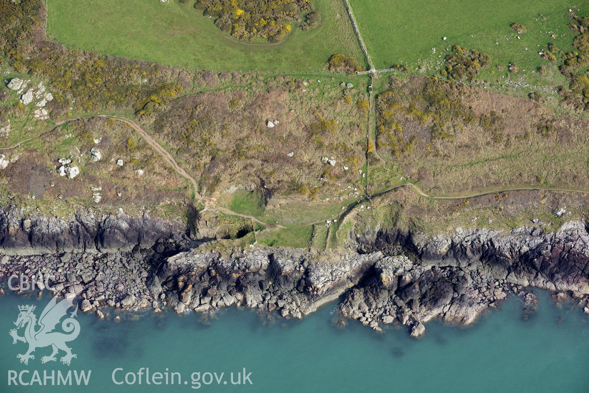 Aerial photography of Penmaenmelyn copper mine with coastal erosion, taken on 27th March 2017. Baseline aerial reconnaissance survey for the CHERISH Project. ? Crown: CHERISH PROJECT 2019. Produced with EU funds through the Ireland Wales Co-operation Programme 2014-2020. All material made freely available through the Open Government Licence.