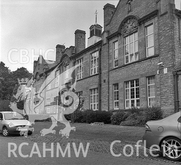 Digitised black and white photograph showing front elevation of the 'Girls' Intermediate School, Aberdare,' dated 2014. Included in material associated with building recording conducted by Archaeology Wales, February 2018.