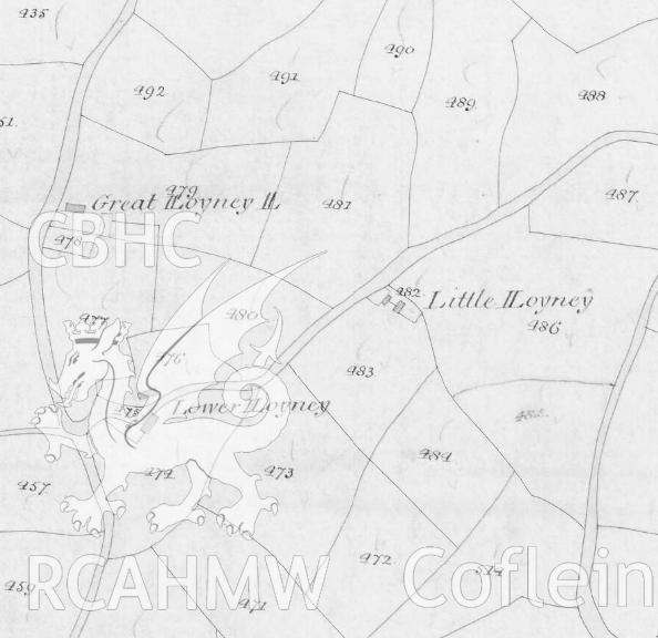 Copy of the Clyro tithe map from 1839 relating to CPAT Project 2355: Little Lloyney Farm, Clyro, Powys, 2019. Prepared by Will Logan of Clwyd Powys Archaeological Trust. Project no. 2355. HER event PRN: 140287. Planning application no. 18/0506/FUL.