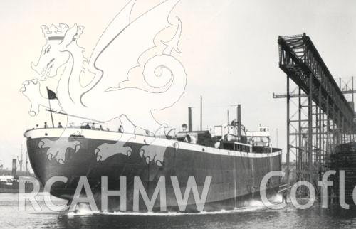 'The MV King Edgar at the Harland & Wolff docks in Belfast, presumably shortly after completion. Source unknown.' Included in desk based assessment of the MV King Edgar historic wreck site, conducted by Archaeology Wales, 2017. Project ref no: 2500.