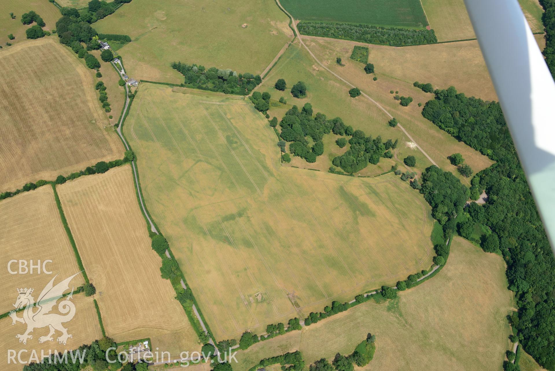 Royal Commission aerial photography of Wyndcliffe Court or Wet Wood cropmark complex taken on 19th July 2018 during the 2018 drought.