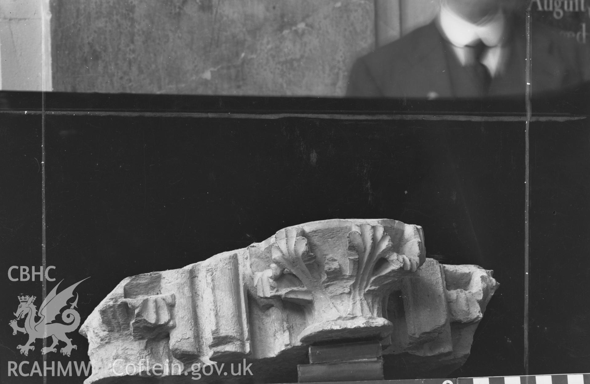 Digital copy of a black and white nitrate negative showing detail of capital section at St. David's Cathedral, taken by E.W. Lovegrove, July 1936.