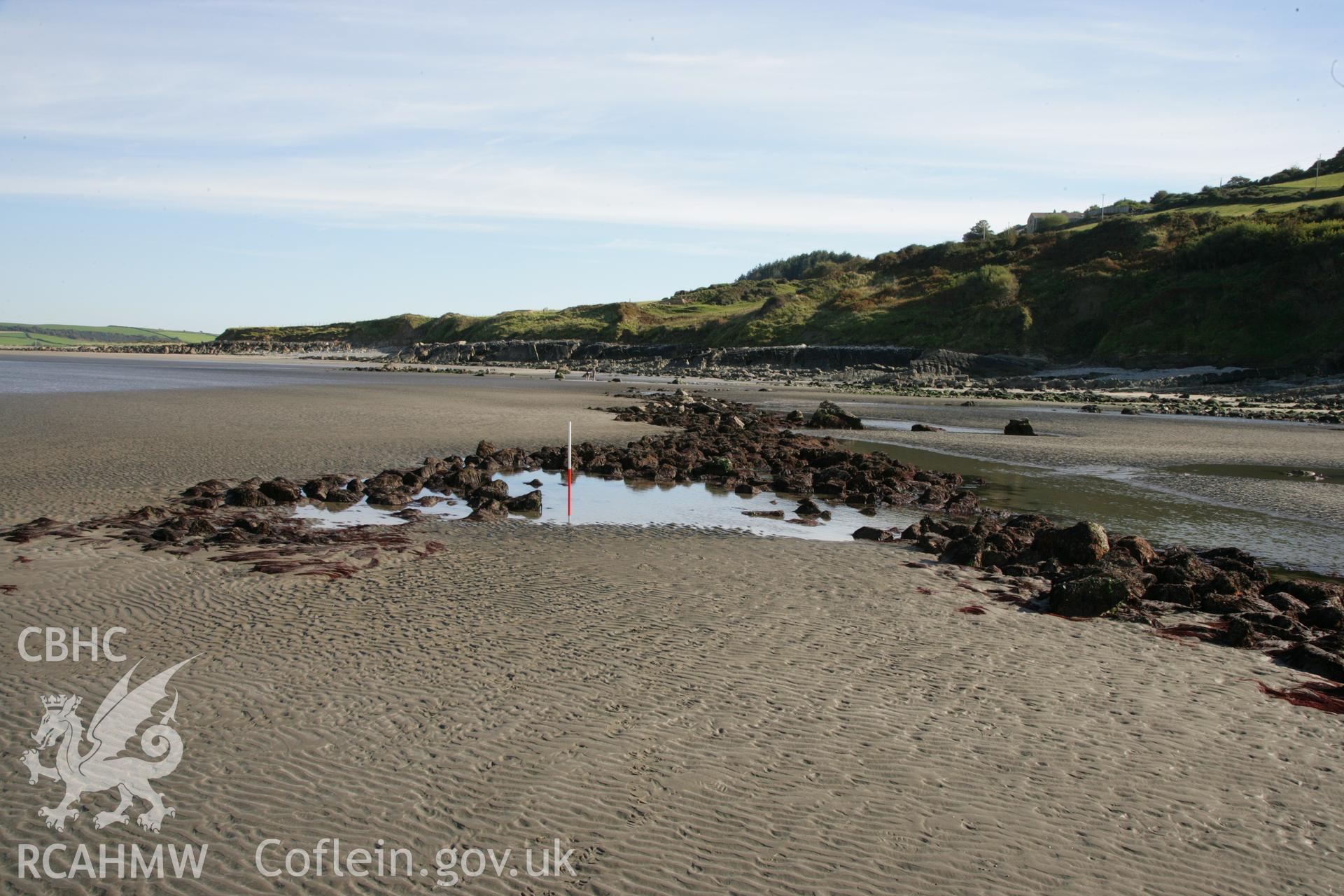 Poppit Fish Trap at low tide, photographed during filming for the TV series 'What on Earth?' with the Discovery Channel.