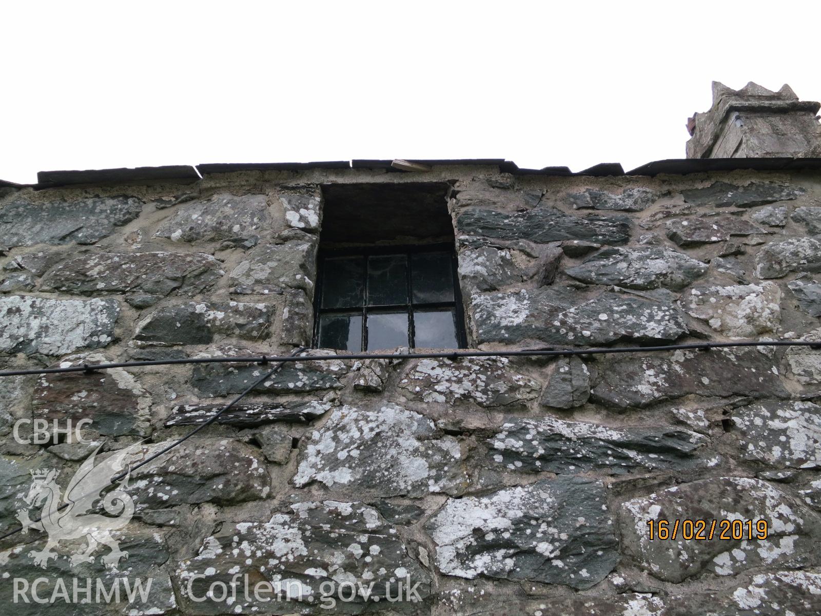 Exterior upper window of barn at Pencerrig Pellaf, Ffordd Uchaf, Harlech. Photographed by Kimberley Urch as part of photographic survey for planning application (ref. no. NP5/61/LB446A Snowdonia National Park Authority).