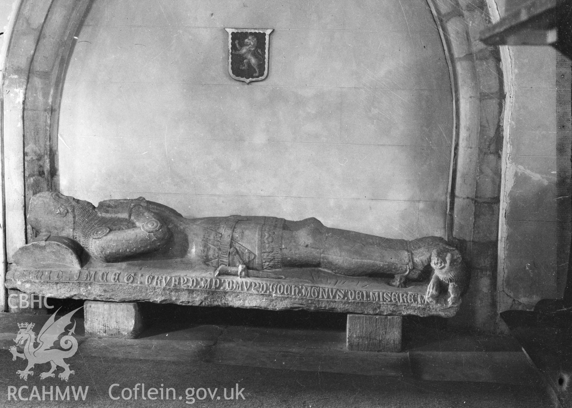 Digital copy of a nitrate negative showing effigy in Betws-y-Coed parish church. From the Cadw Monuments in Care Collection.