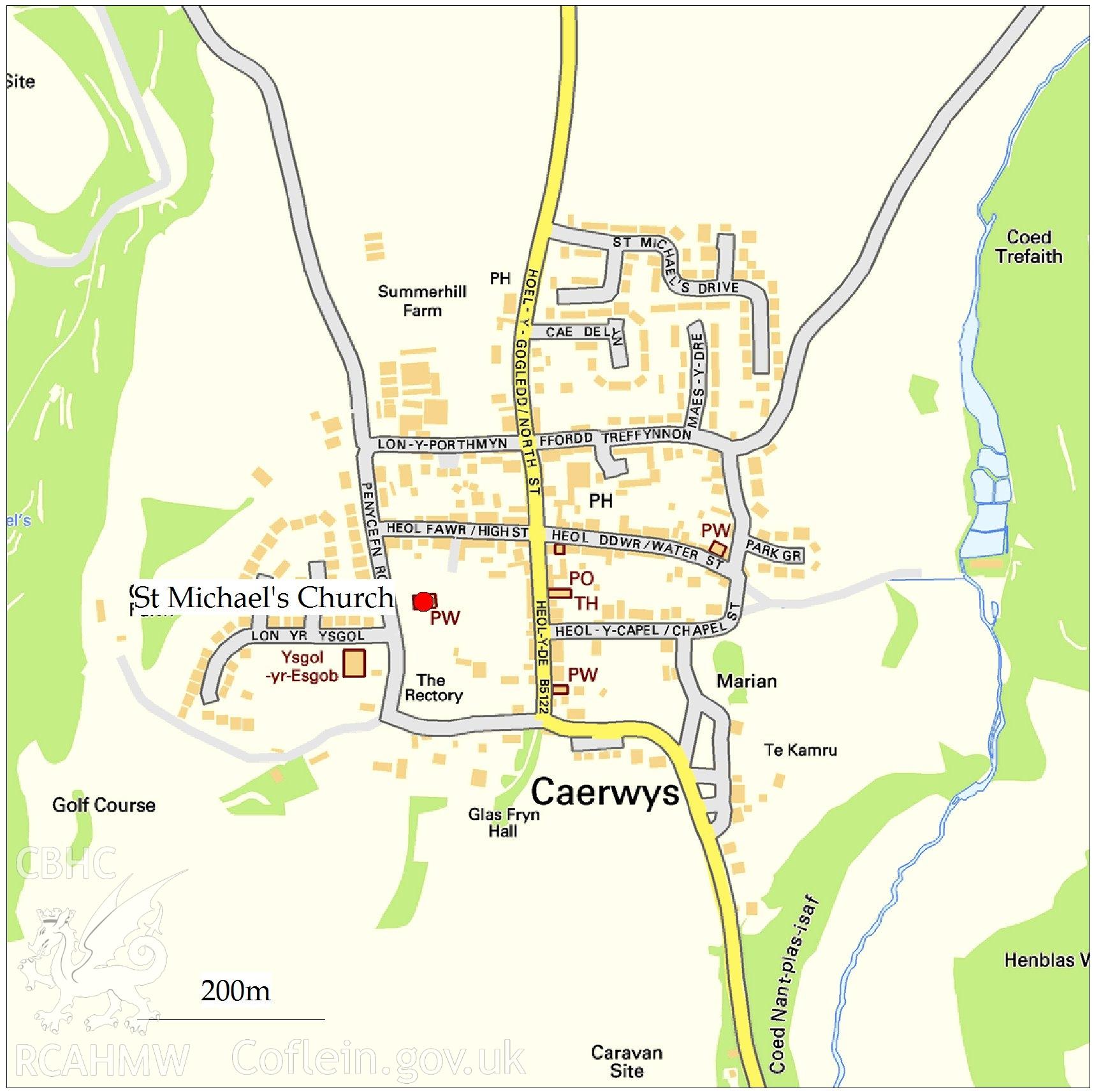 Report illustration produced during archaeological watching brief of St. Michael's Church, Caerwys, Flintshire, 2017. Comprises single cartographic image of Caerwys village.