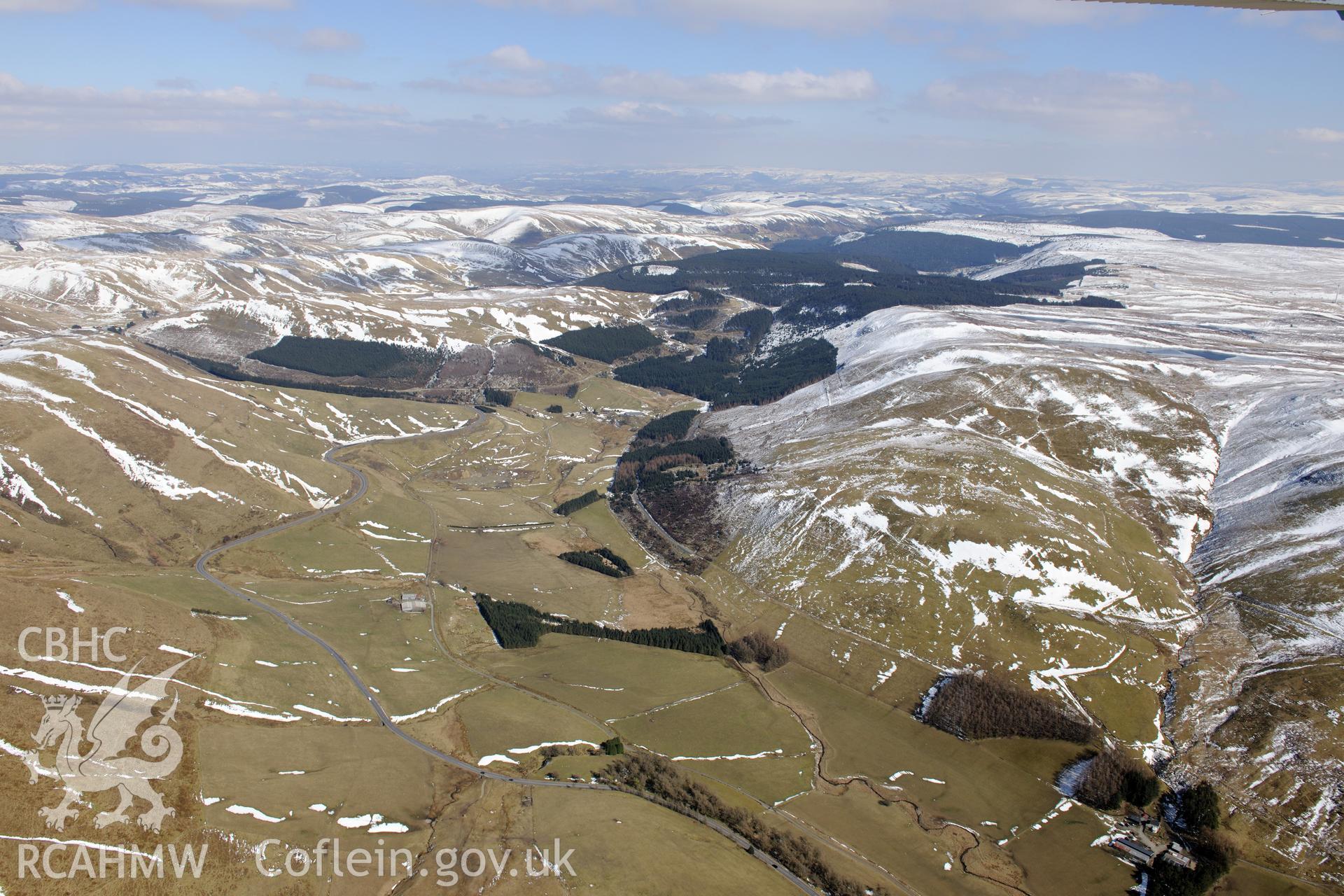 Llys Arthur defended enclosure, north east of Ponterwyd. Oblique aerial photograph taken during the Royal Commission's programme of archaeological aerial reconnaissance by Toby Driver on 2nd April 2013.