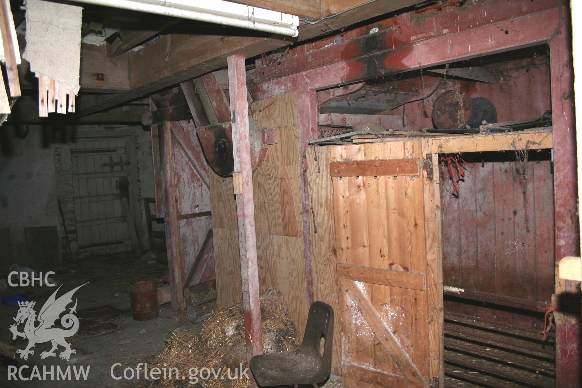 Interior view of threshing house. Photographic survey of the threshing machine in the threshing house at Tan-y-Graig Farm, Llanfarian. Conducted by Geoff Ward and John Wiles 11th December 2016.