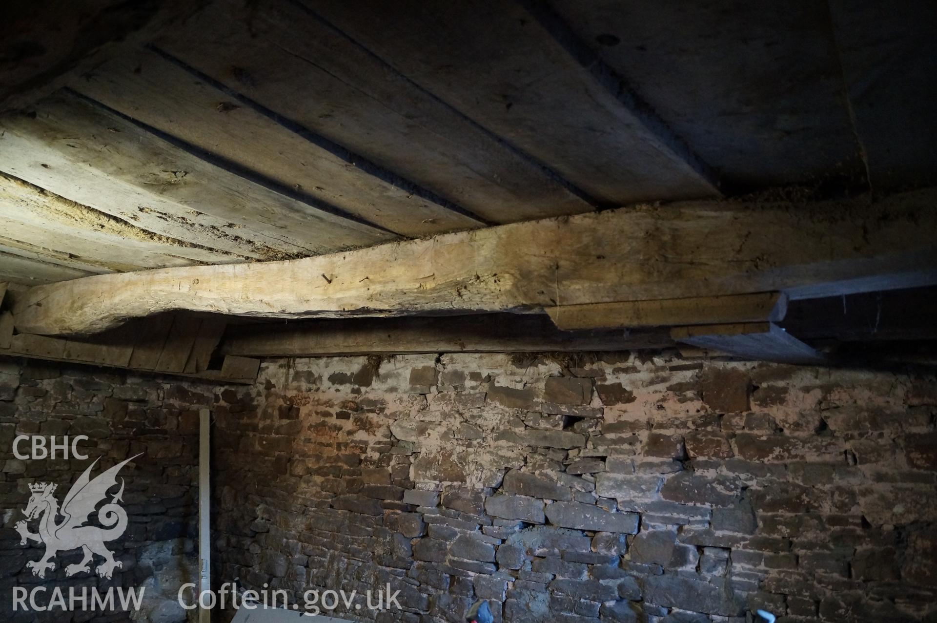 Internal view 'looking north-northwest at the stable showing Beam B with Beam A beyond' on Gwrlodau Farm, Llanbedr, Crickhowell. Photograph and description by Jenny Hall and Paul Sambrook of Trysor, 9th February 2018.