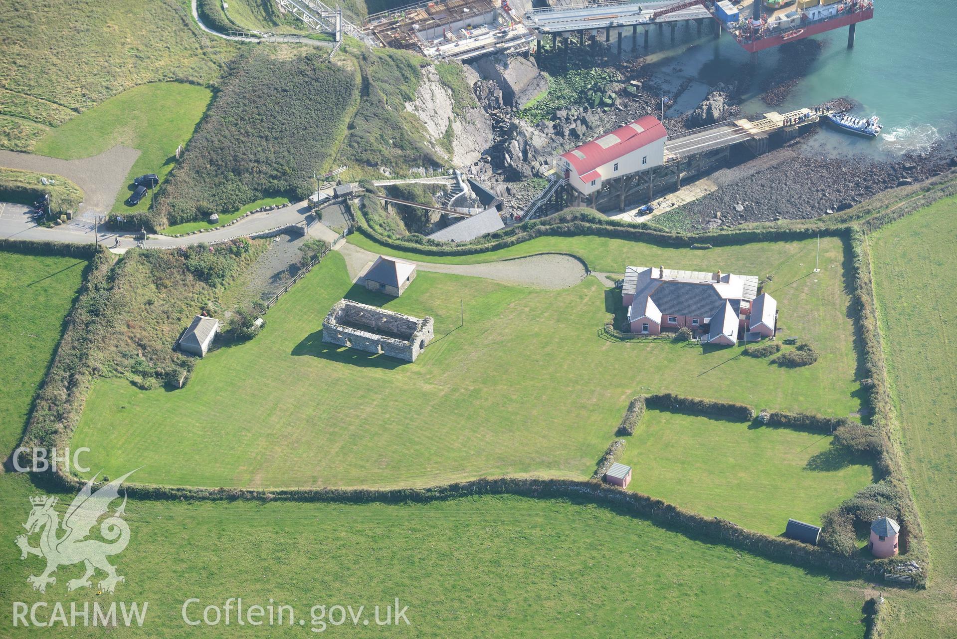 St. Justinian's lifeboat station, St. David's new lifeboat station, St. Justinian's chapel and bungalow, west of St. Davids. Oblique aerial photograph taken during RCAHMW's programme of archaeological aerial reconnaissance by Toby Driver, 30/09/2015.