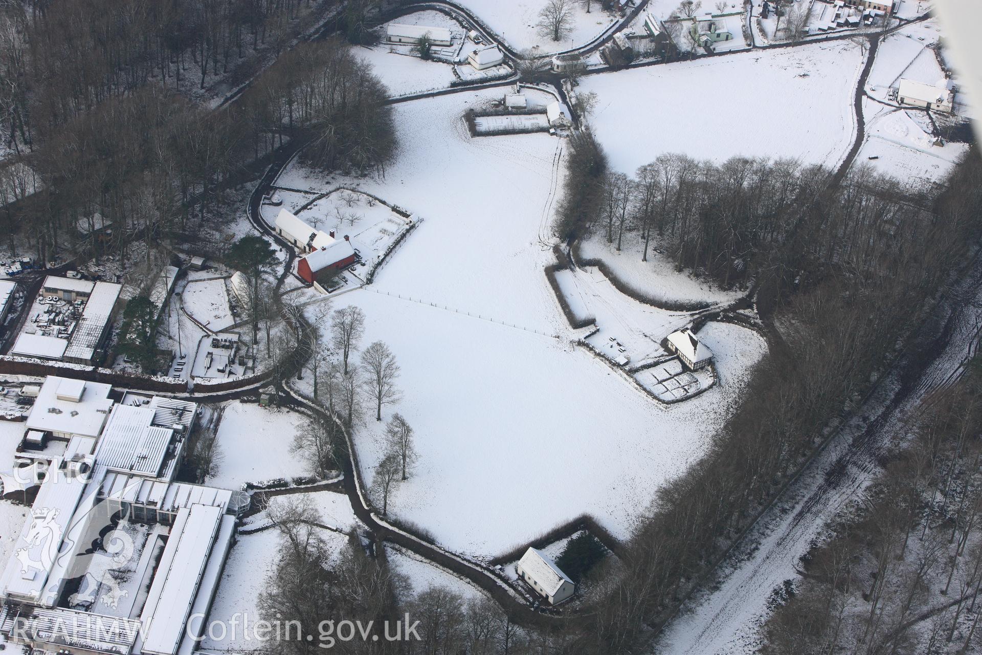 Abernodwydd house and Kennixton farmhouse, at St Fagans Mueseum of Welsh Life. Oblique aerial photograph taken during the Royal Commission?s programme of archaeological aerial reconnaissance by Toby Driver on 24th January 2013.