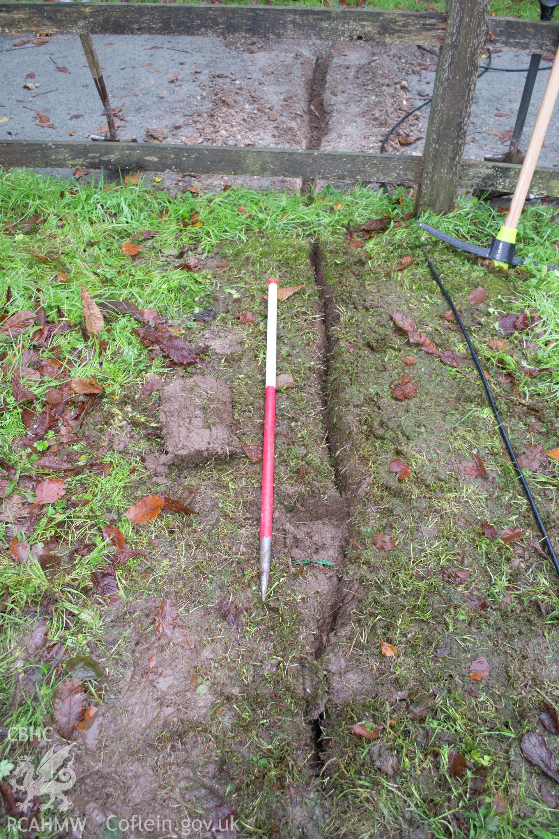 Detailed view from east showing cable trench near western end. Photographed during archaeological watching brief of Plas Newydd, Ynys Mon, conducted by Gwynedd Archaeological Trust on 14th November 2017. Project no. 2542.