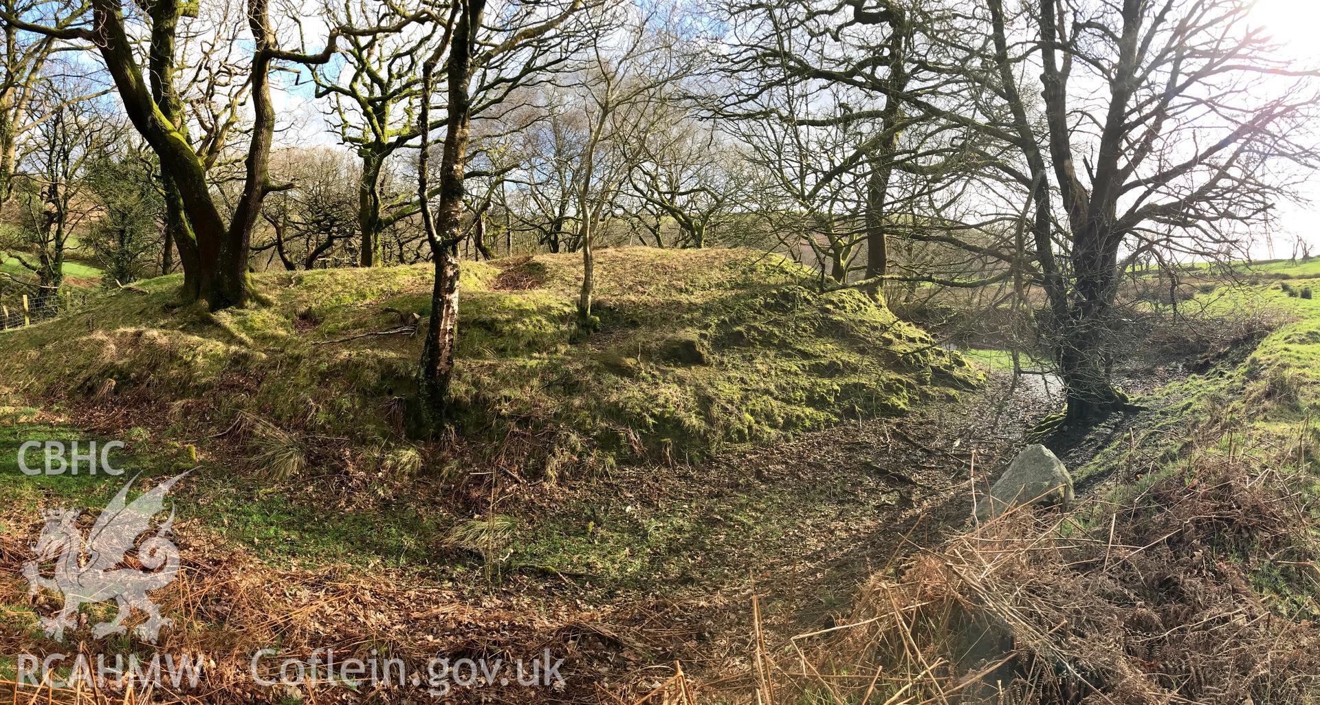 Colour photograph of Rhyndwclwydach medieval earthwork (Cae Castell), north west of Pontardawe, taken by Paul R. Davis on 12th March 2019.