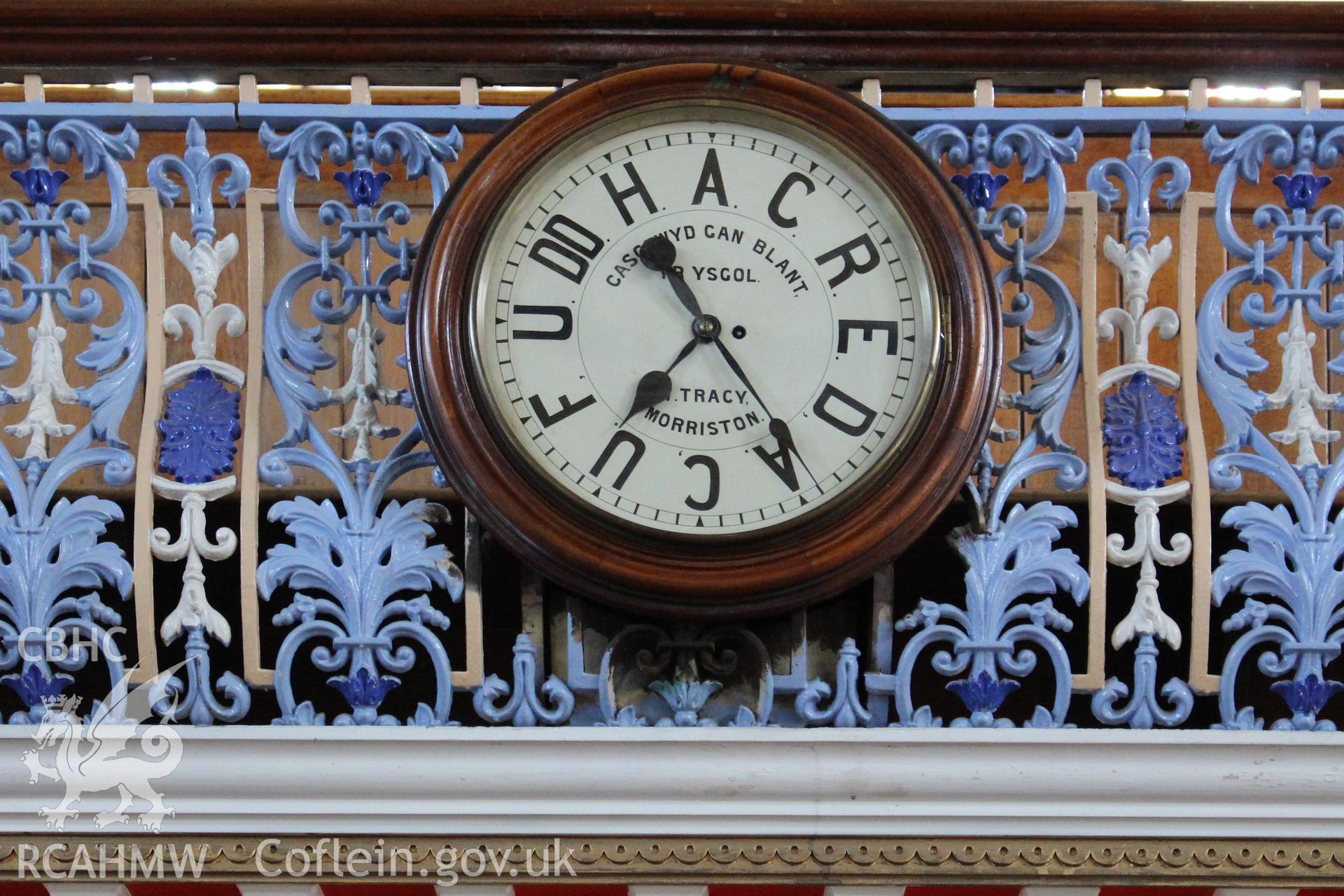 Clock funded by money raised from the Sunday School on first floor balcony railings. Photographic survey of Seion Welsh Baptist Chapel, Morriston, conducted by Sue Fielding.
