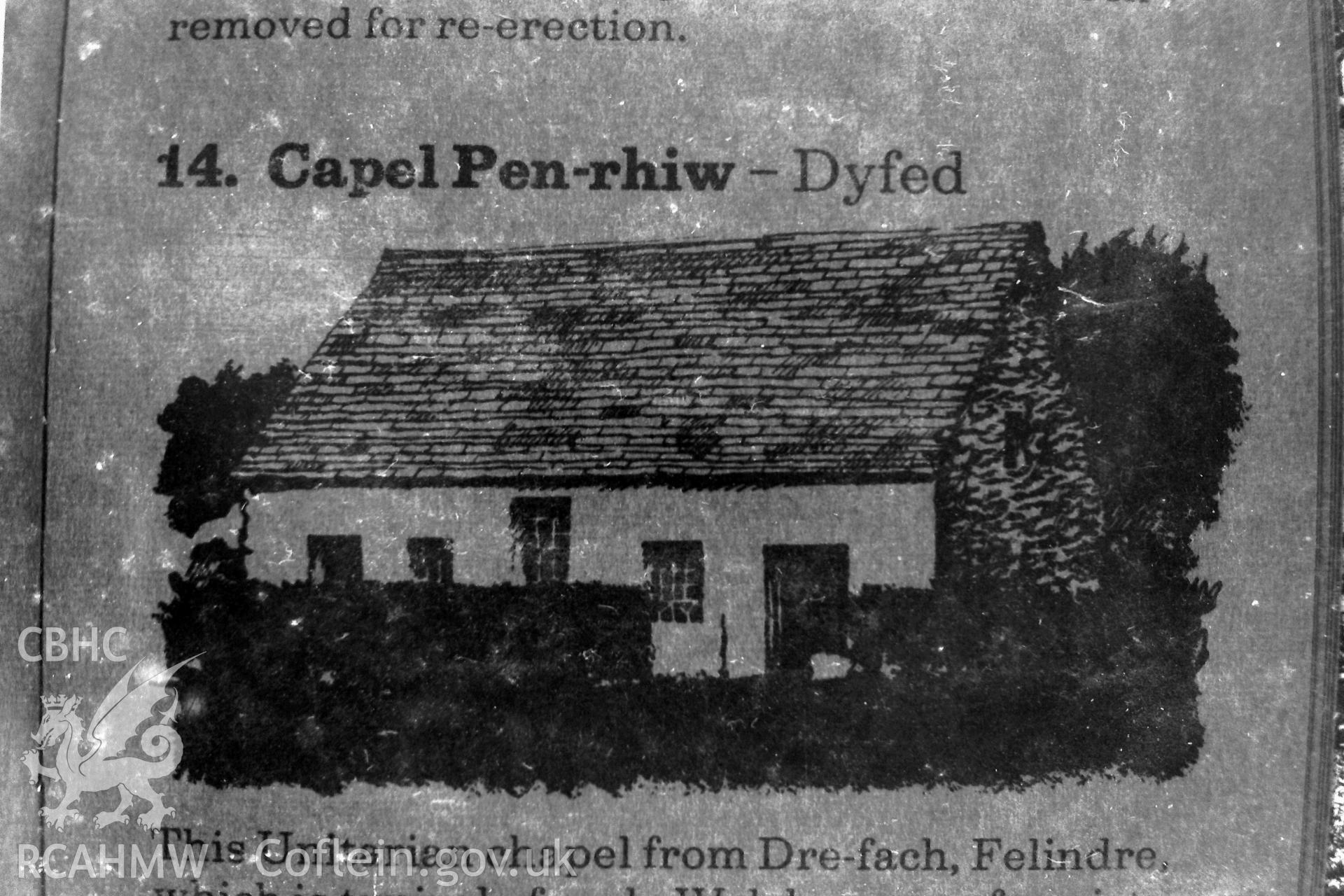 Digitised black and white photograph of Capen Pen-Rhiw, Dre-Fach, Felindre. Now in St. Fagans. Reproduced in Martin Davis' dissertation: 'The Form and Architecture of Nineteenth Century Industrial Settlements in Rural Wales,' 1979. Source unknown.