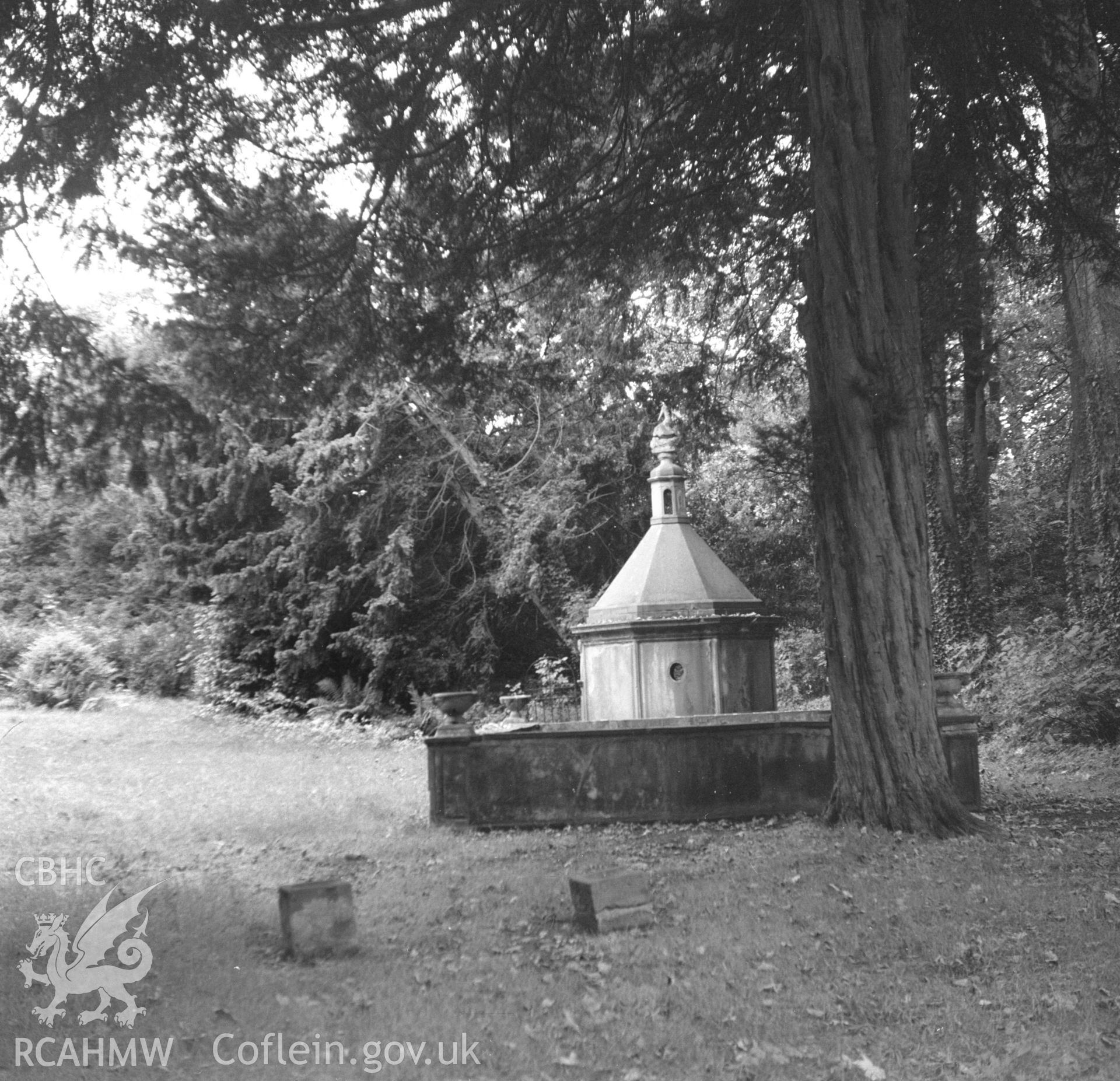 Digital copy of an undated nitrate negative showing a view of St Marys Well and Bath, Bodrhyddan.