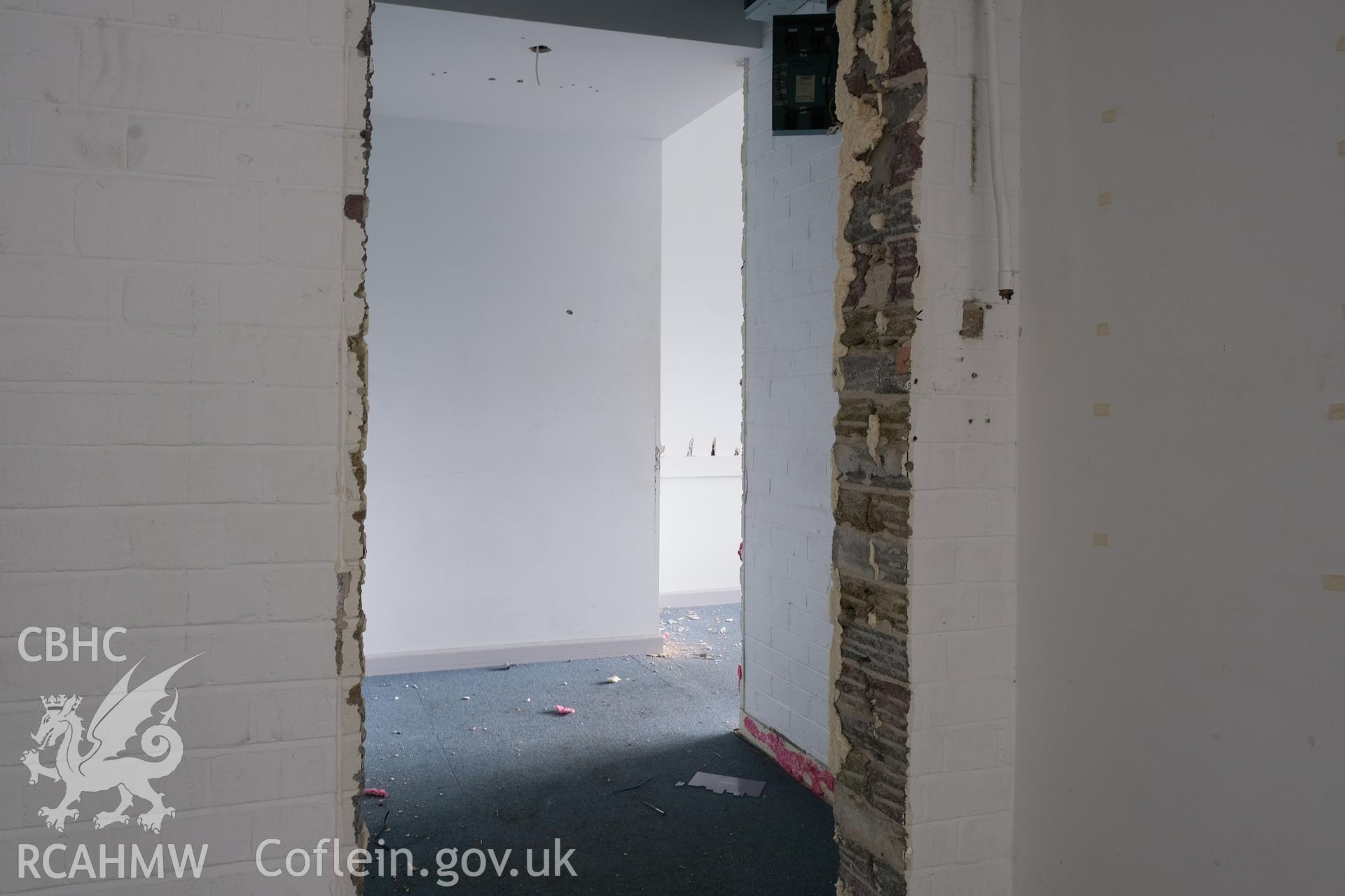 Digital colour photograph showing detailed interior view of entrance to room at Caernarfonshire Technical College, Ffriddoedd Road, Bangor. Photographed by Dilys Morgan and donated by Wyn Thomas of Grwp Llandrillo-Menai Further Education College, 2019.