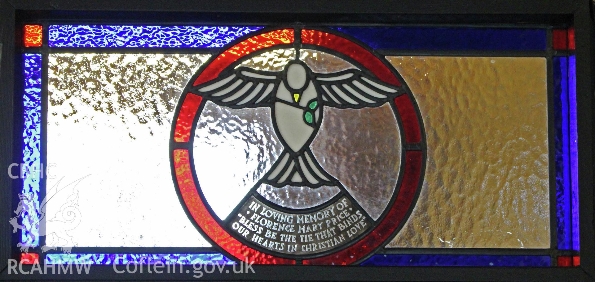 Colour photograph showing detailed view of stained glass window memorial at Riverside chapel, Port Talbot. Photographed during survey conducted by Geoff Ward on 5th July 2016.
