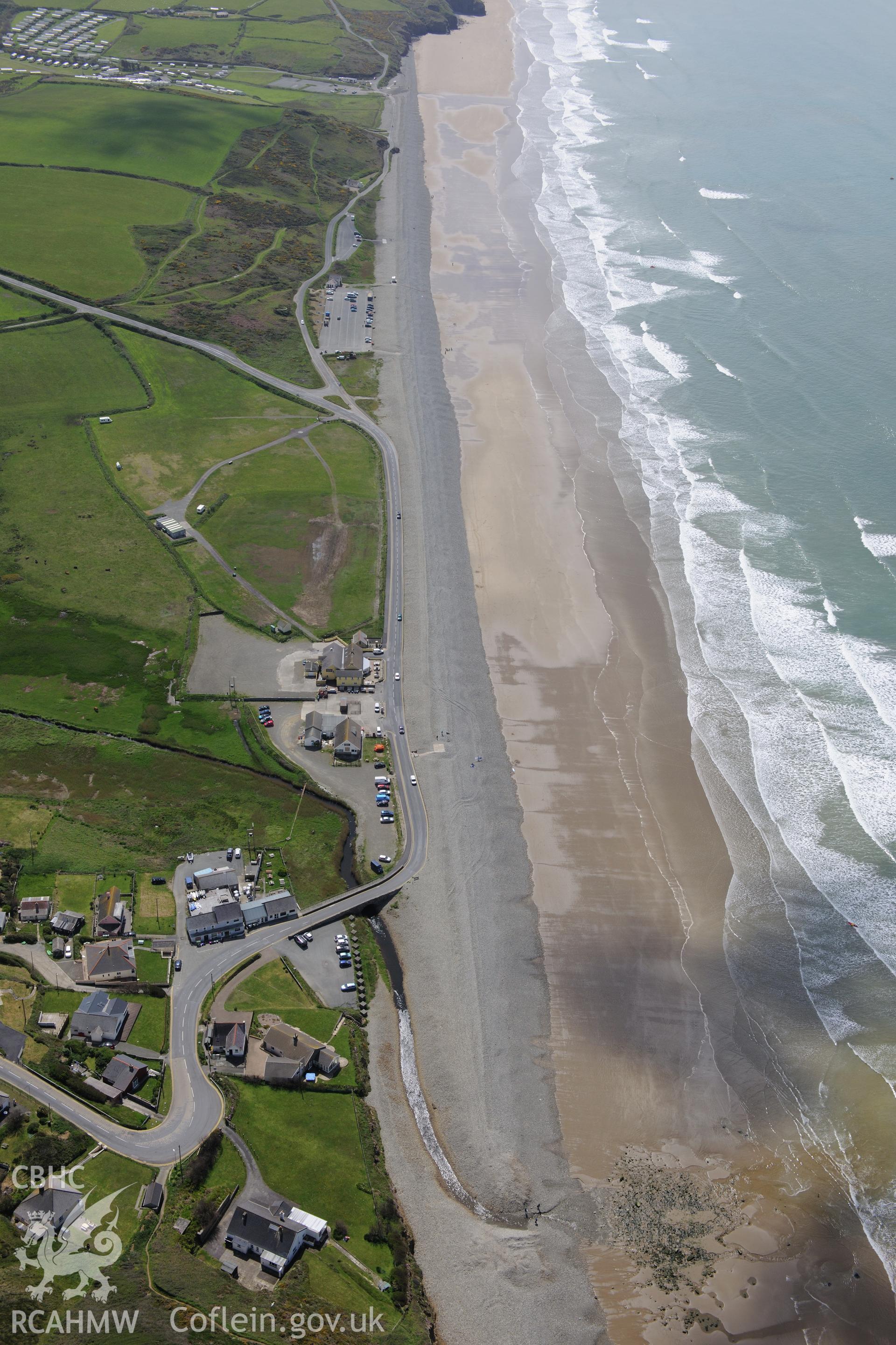 Newgale, near Haverfordwest, Pembrokeshire. Oblique aerial photograph taken during the Royal Commission's programme of archaeological aerial reconnaissance by Toby Driver on 13th May 2015.