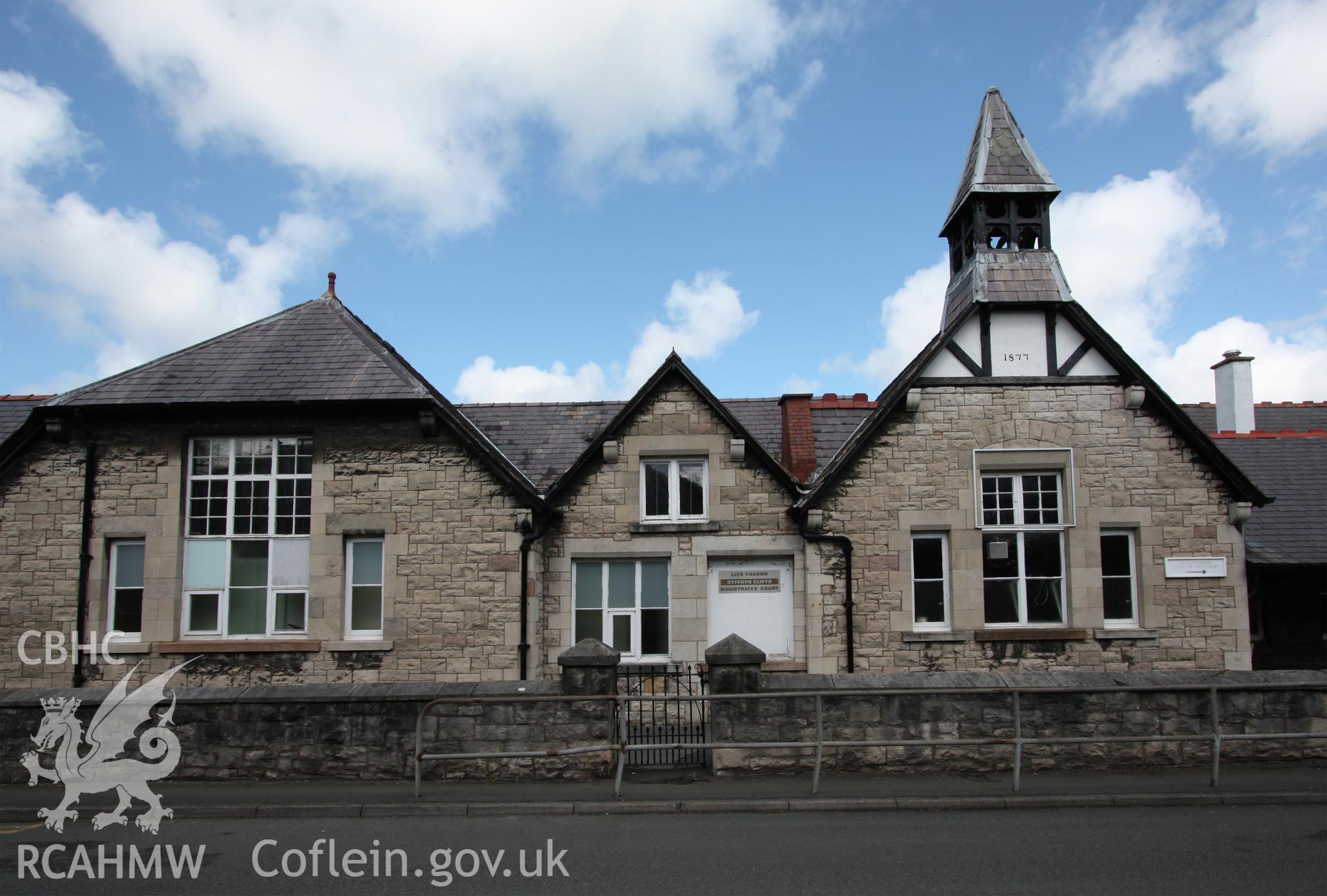 Digital colour photograph showing part of front elevation of former Ysgol Frongoch, later the Magistrates Court in Denbigh. Photographed during survey conducted by Sue Fielding on 19th July 2012.