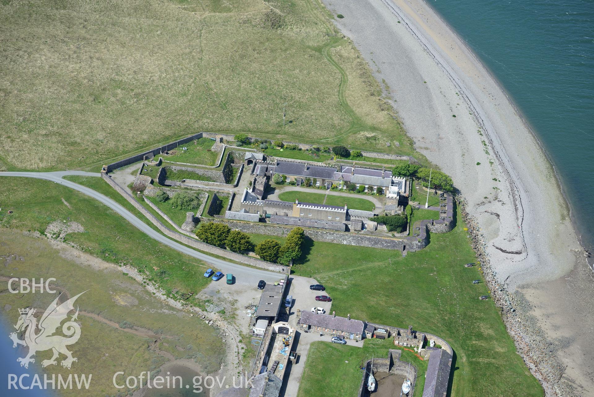 Aerial photography of Fort Belan taken on 3rd May 2017.  Baseline aerial reconnaissance survey for the CHERISH Project. ? Crown: CHERISH PROJECT 2017. Produced with EU funds through the Ireland Wales Co-operation Programme 2014-2020. All material made fr