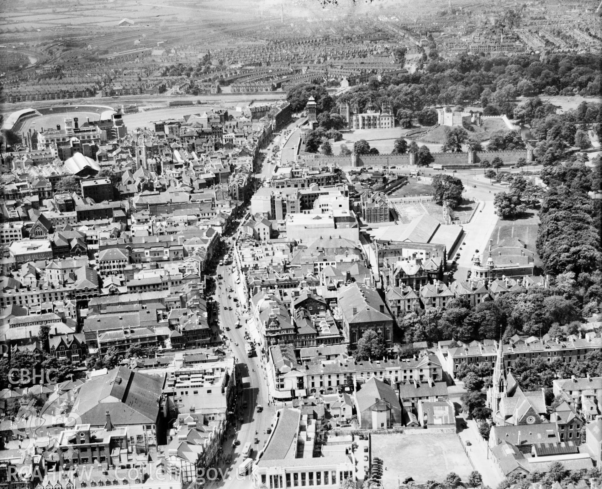General view of central Cardiff, oblique aerial view. 5?x4? black and white glass plate negative.